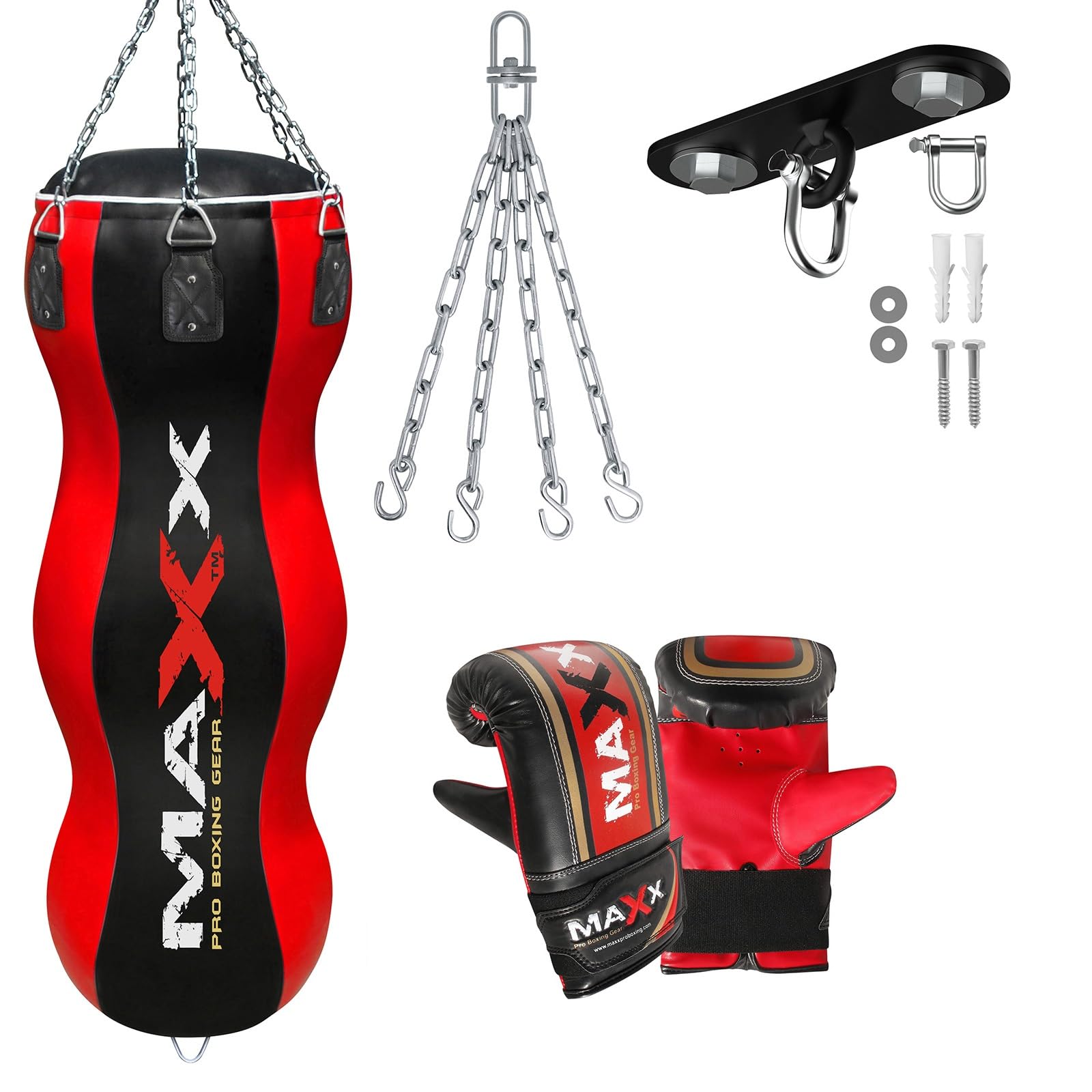 MAXX Triple Body Bags 4FT Punch Bag Set with Ceiling Hook & Wall Bracket – Durable, Heavy Duty Boxing Set for Home or Gym Training, Perfect for Fitness (BLACK RED, BAG WITH HOOK AND MITS)