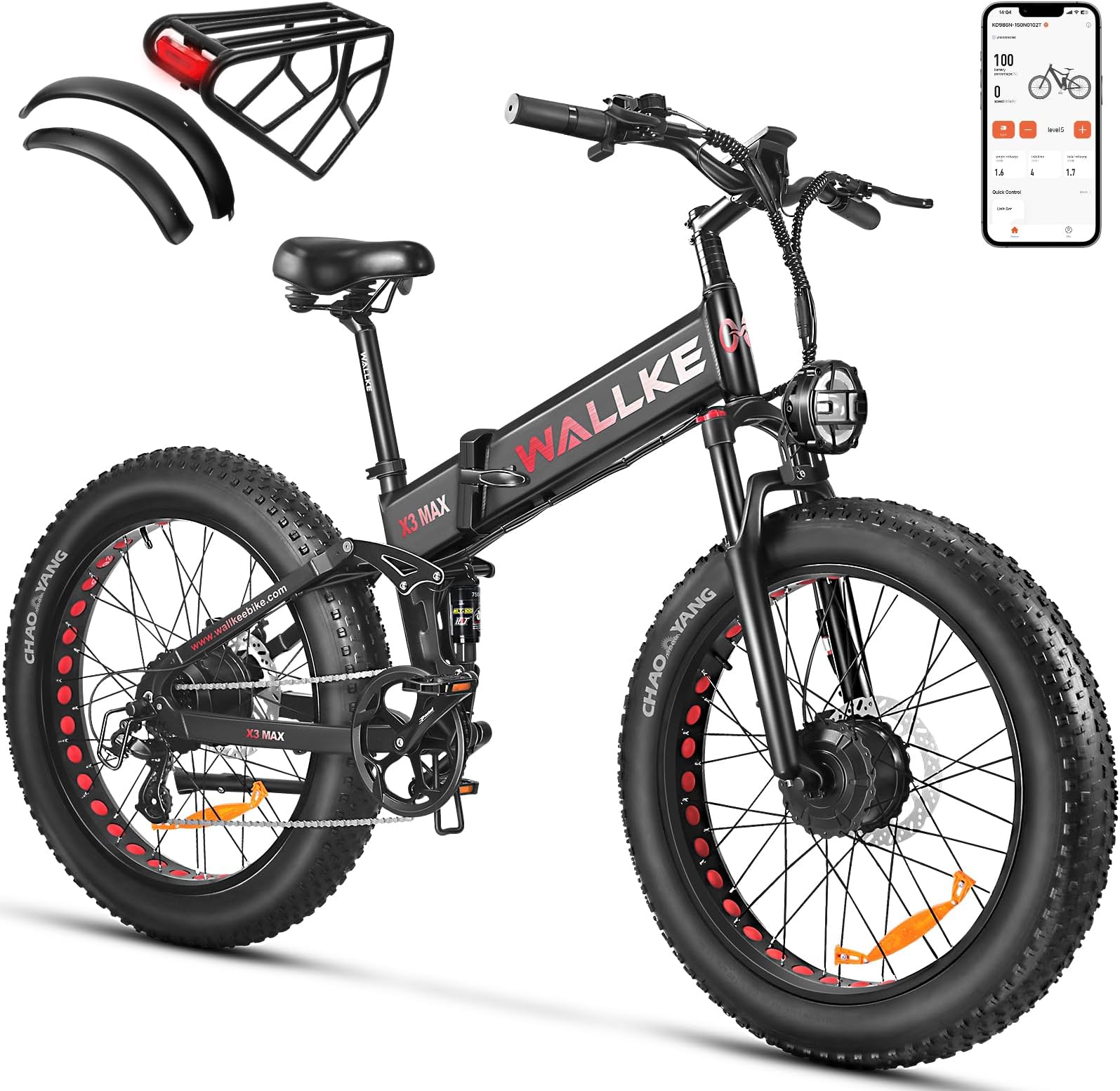 W Wallke X3 Pro Electric Bike 2000W Dual Motor Full Suspension 1056WH Foldable 26 Inch Fat Tire Mountain Ebikes for Adults 34-35MPH Fast Electric Bicycle APP Control, UL2849 Certified, Black