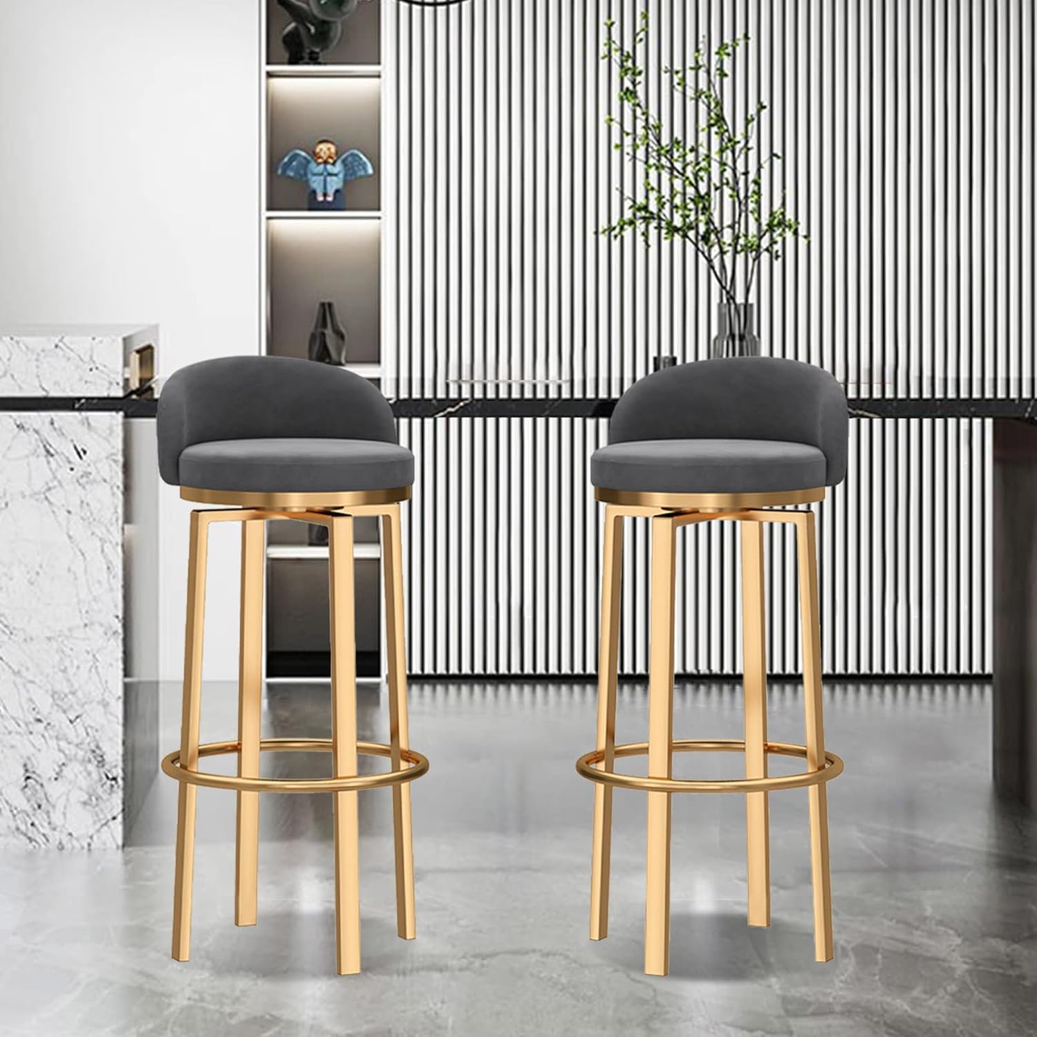 Swivel Bar Stools Gold Metal Leg Set Modern Counter Height Barstools with Back High Dining Chairs for Home Kitchen Island-Grey 2 Pcs-25.6in Sitting Height