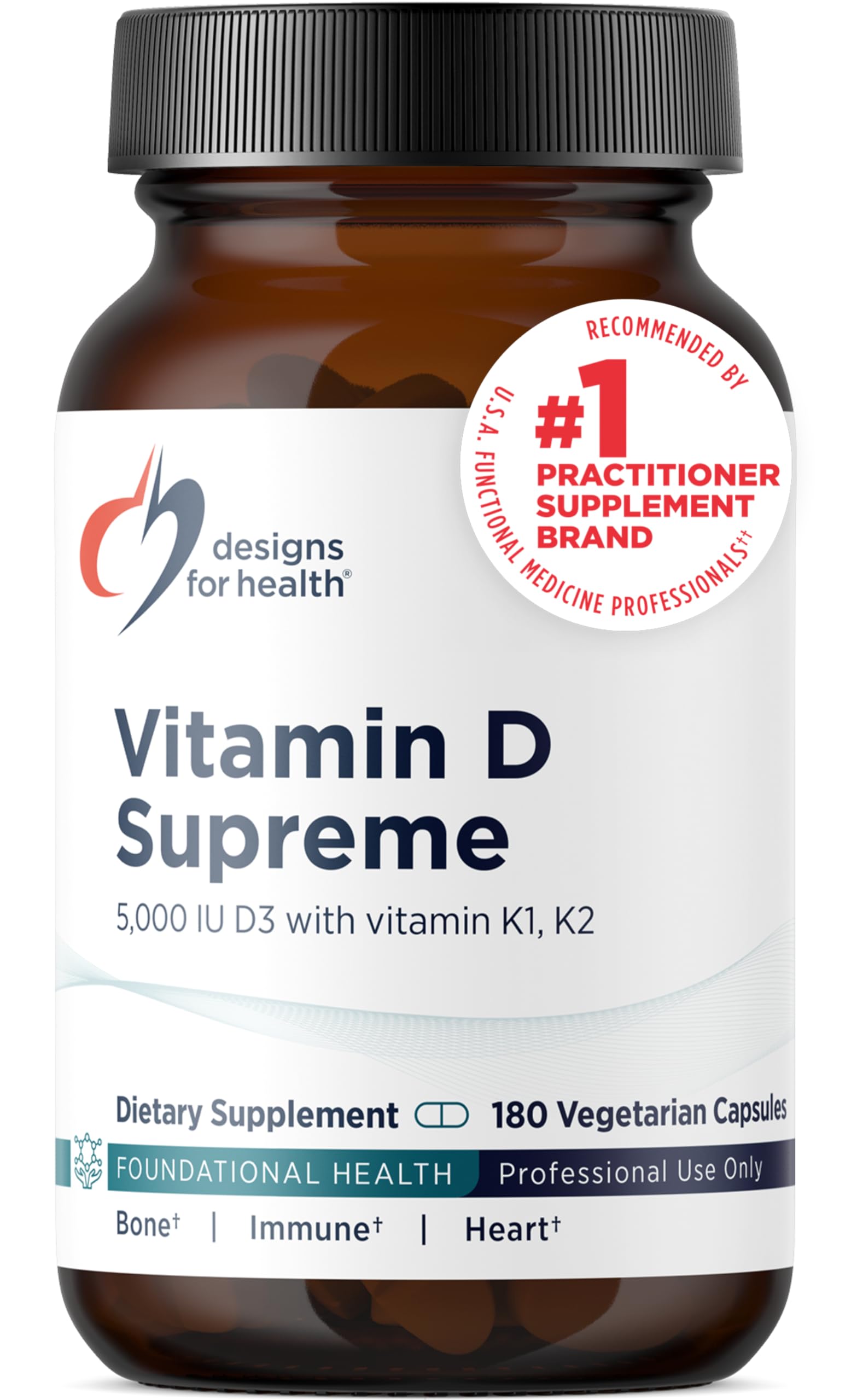 Designs for Health Vitamin D Supreme - Vitamin D 5000 IU with 2000mcg Vitamin K as MK4 for Bone Health, Heart Health, Mood & Immune Support - Vitamin D3 Enhanced with GG Supplement (180 Capsules)