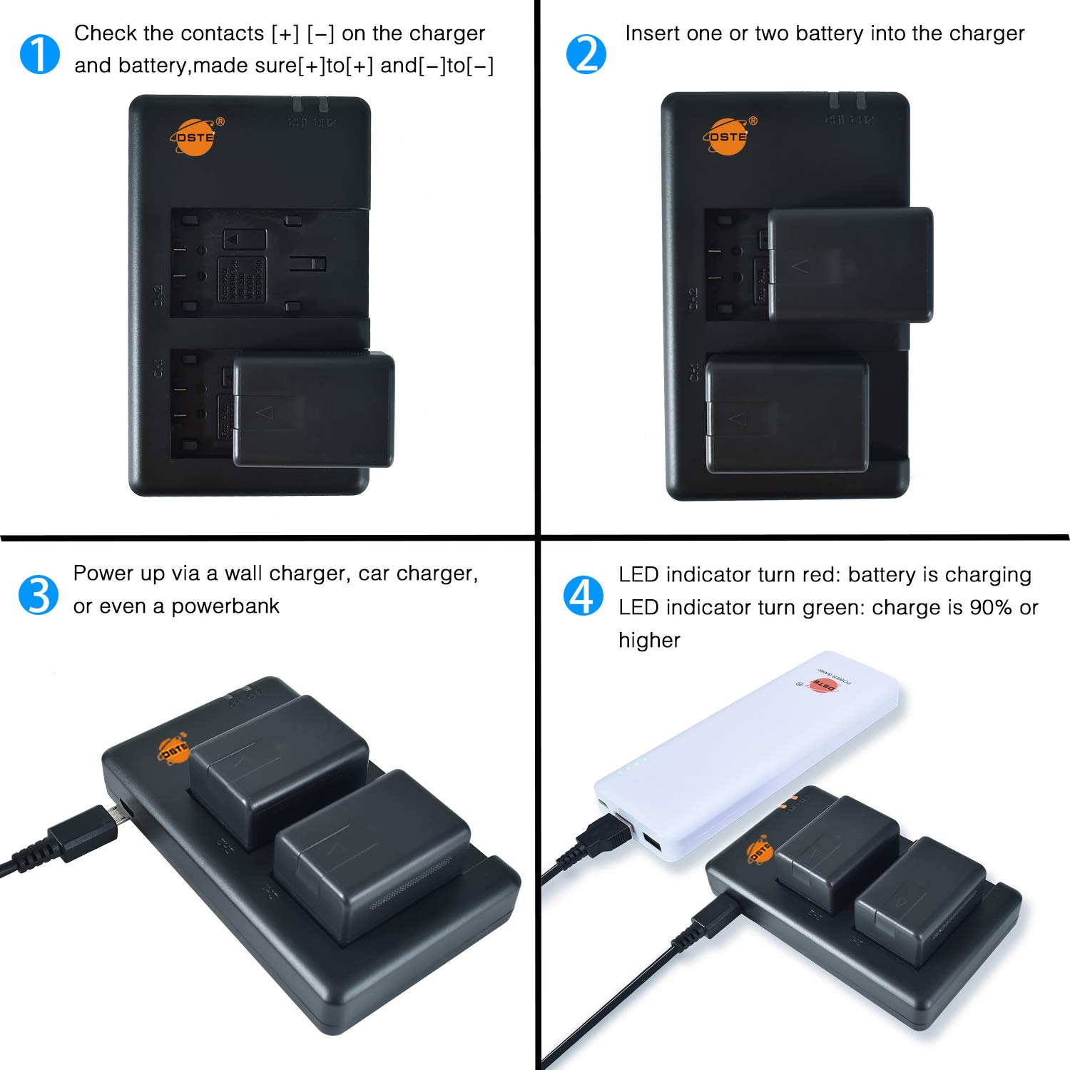 VW-VBK180 Lot de 2 batteries rechargeables de rechange et double chargeur compatibles avec Panasonic SDR-H100 H101 H85 S50 S70 S71 T70 T71 T76 HC-V10 HC-V100 HC-V100M HC-V500, etc