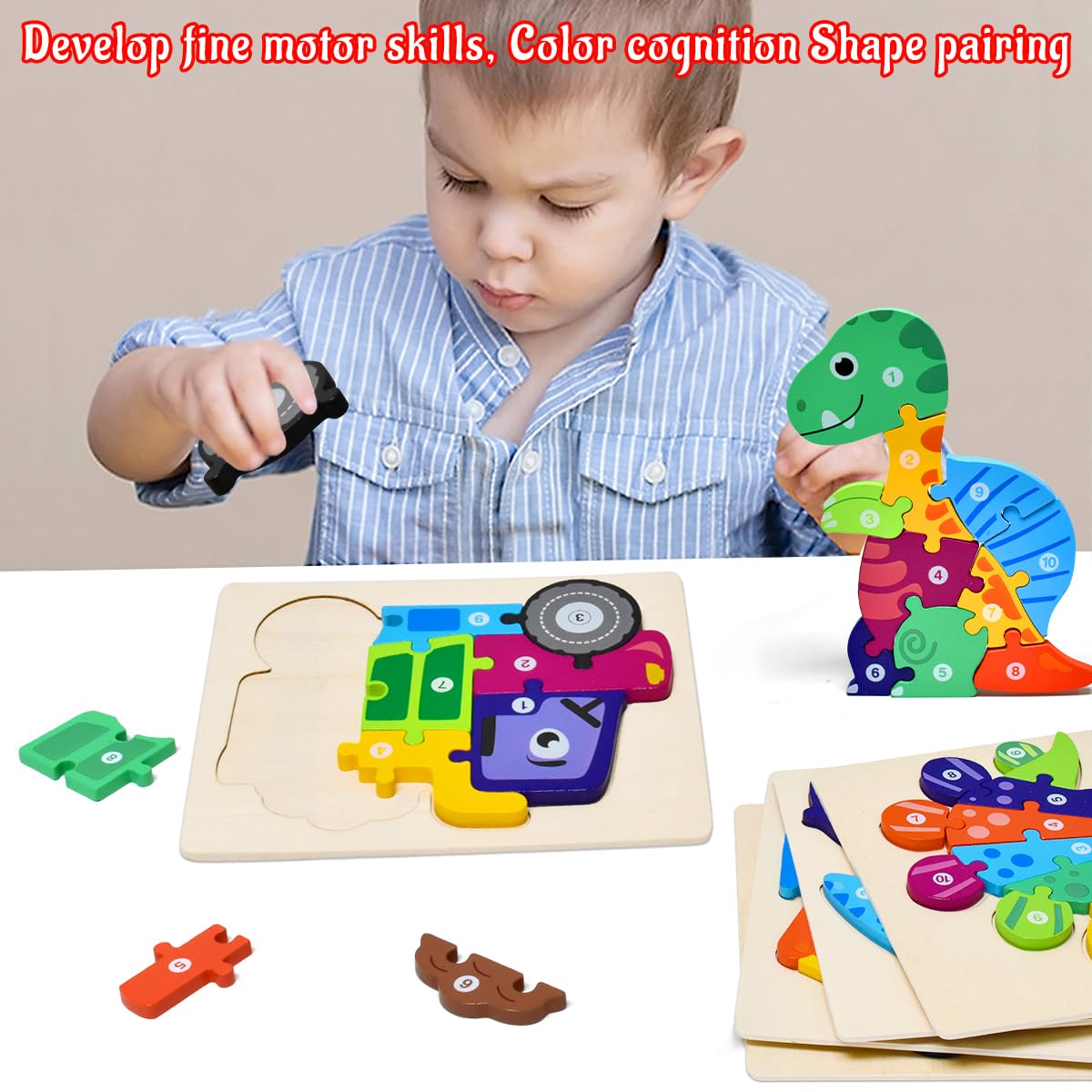 Puzzles en bois Montessori pour enfants 2-4 ans, 4 pièces, cadeau garçons filles dinosaure bateau