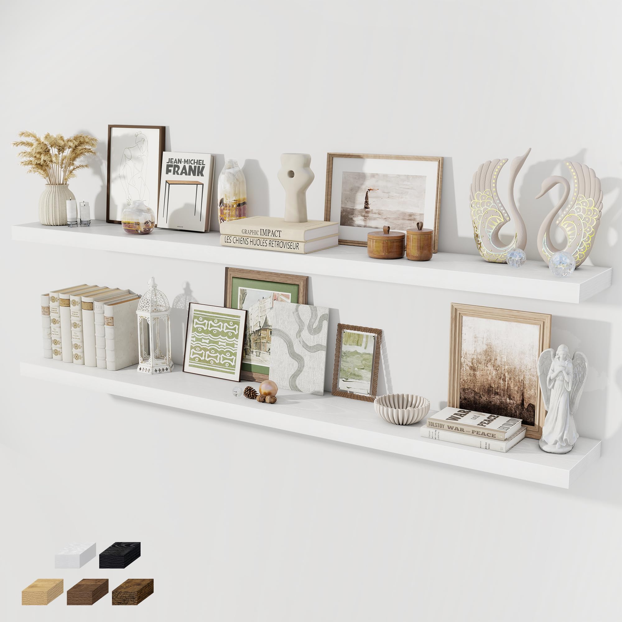Fun Memories 72 Inch Floating Shelves for Wall 8 Inch Deep White Shelves Set of 2, Wall Mounted Rustic Wood Long Floating Shelf, Large Display & Storage Shelf with Invisible Brackets