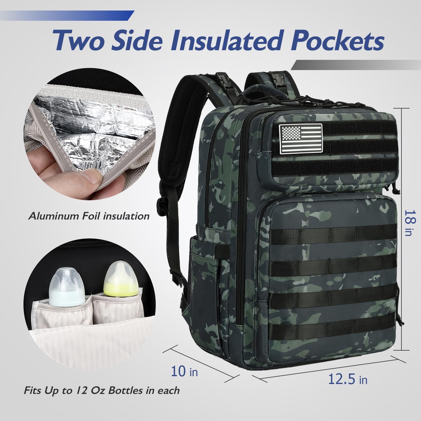 Dad Diaper Bag with Insulated Pockets, Stroller Clips and Luggage Sleeve for Travel, Large Tactical Diaper Bag for Men, Camo Black