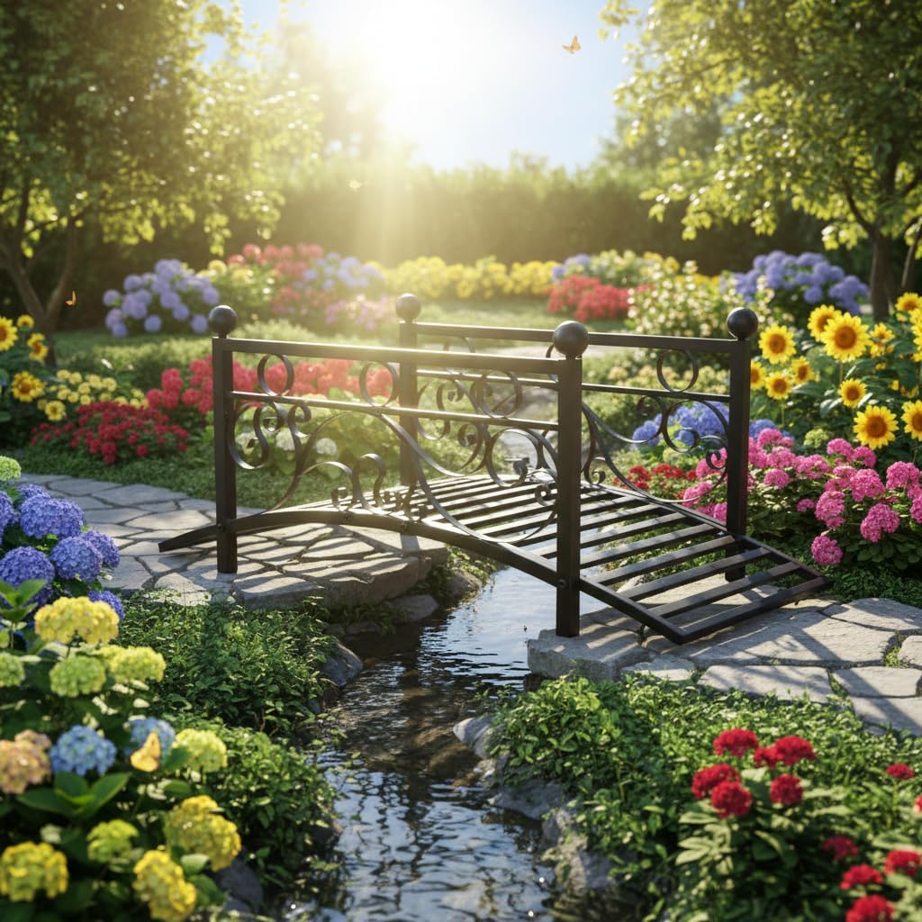3.3FT Steel Garden Bridge with Anti-Slip Deck, 450LB Capacity Metal Footbridge for Yard, Pond or Garden - Rust-Resistant Powder Coated & Easy Assembly