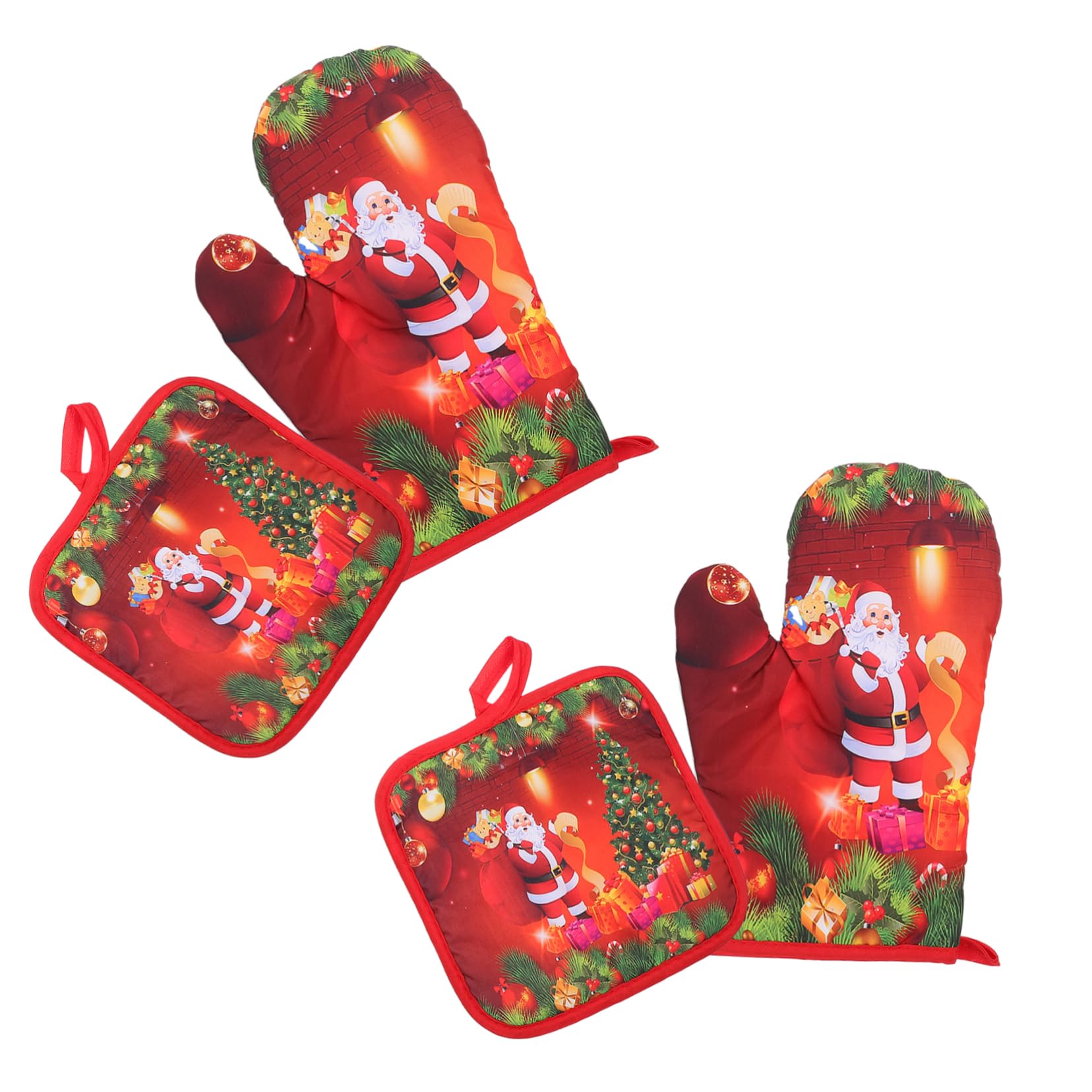 COLLBATH Guantes De Horno Resistentes Al Calor Navideños Rojos 4 Piezas De Algodón Aislamiento Térmico para Cocina y Horno, Set para Protección De Manos Hornear y Uso Microondas