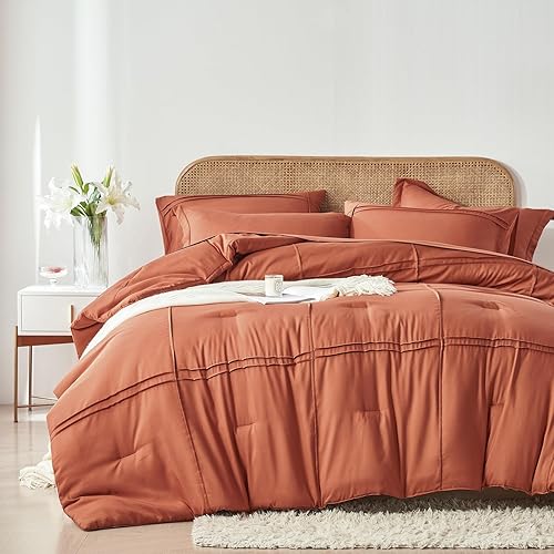 Miniatura 2 de Yogeneg Juego de edredón Queen de 7 piezas en una bolsa, juego de ropa de cama de terracota plisado de cuadrícula, edredón de microfibra suave con