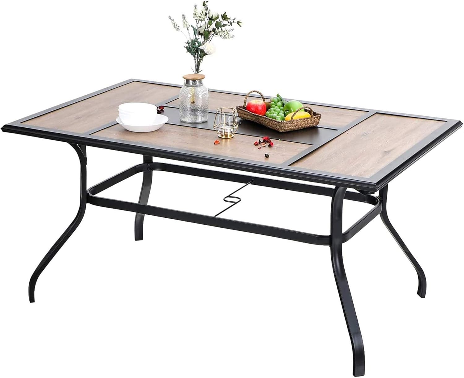 PHI VILLA Metal 60"x 37" Large Wooden Top Patio Dining Table Rectangular Backyard Bistro Umbrella Table Outdoor Furniture Garden Table, 1.56" Umbrella Hole, Black: Kitchen & Dining