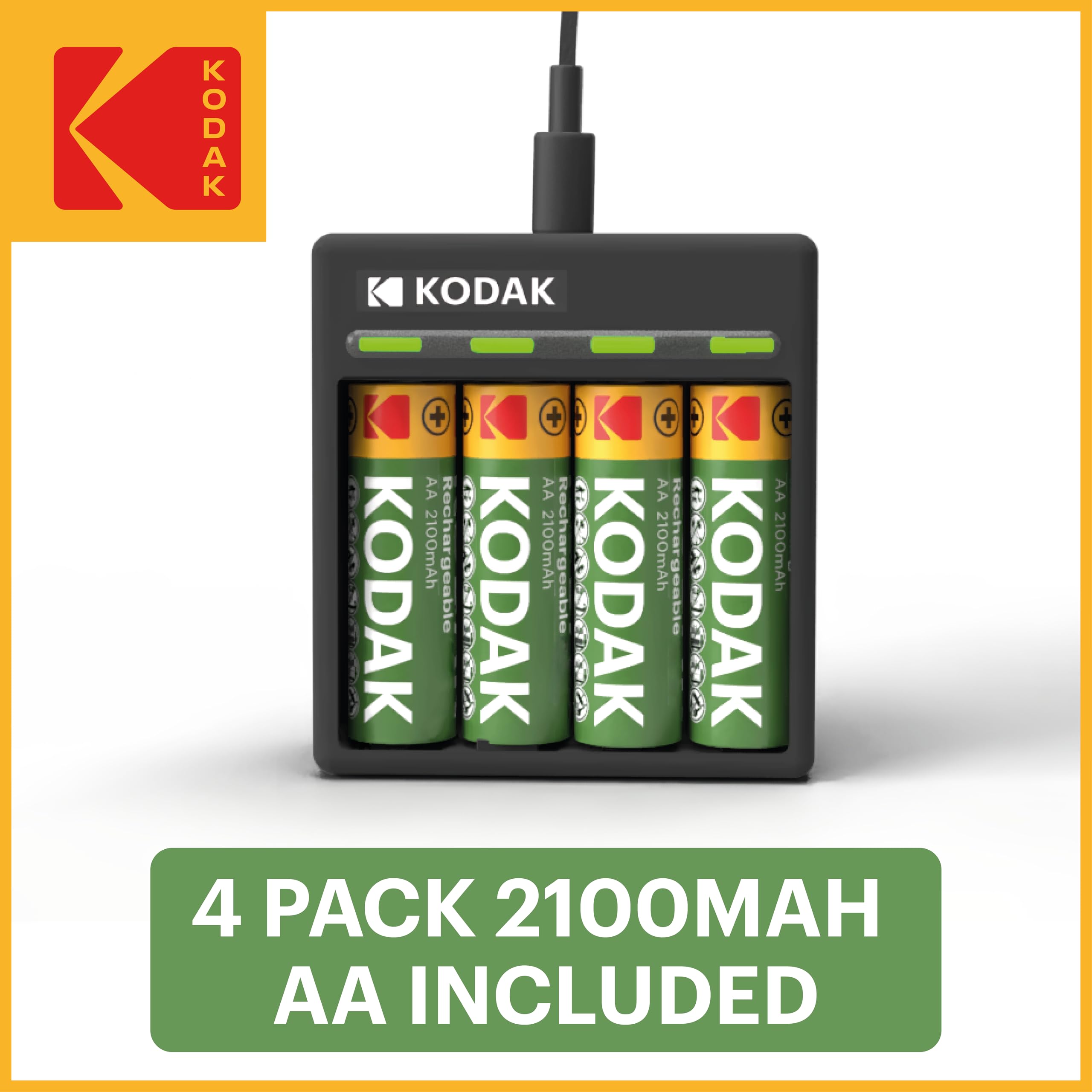 Kodak Lot de 4 piles AA rechargeables avec chargeur de batterie USB-C à 4 emplacements (sans adaptateur inclus), compatibles avec piles AA et AAA (NiMH), charge double A ou triple A, 1000 cycles de