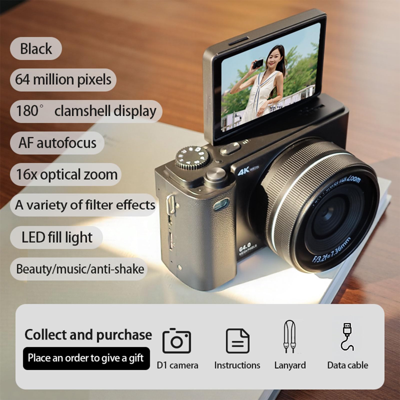 Andoer Cámara Digital 64MP para Vlogging, Zoom Óptico 16X, Pantalla IPS de 2.8 Pulgadas, MP3, Self-Timer, Ráfaga, Ángulos de Visión Amplios con Zoom Óptico 16X para Conciertos, Vida (Negro)