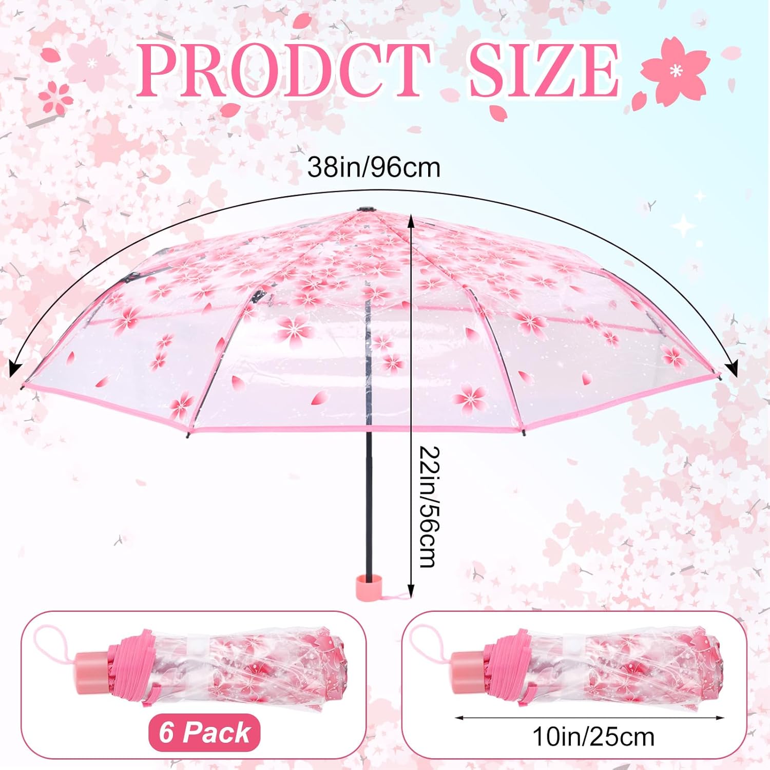 6 Pack Cherry Blossom Umbrella Clear Folding Travel Transparent Floral Rain Umbrellas For Adult Kids Girls Romantic Flower Wedding Decoration Auto Open Umbrella