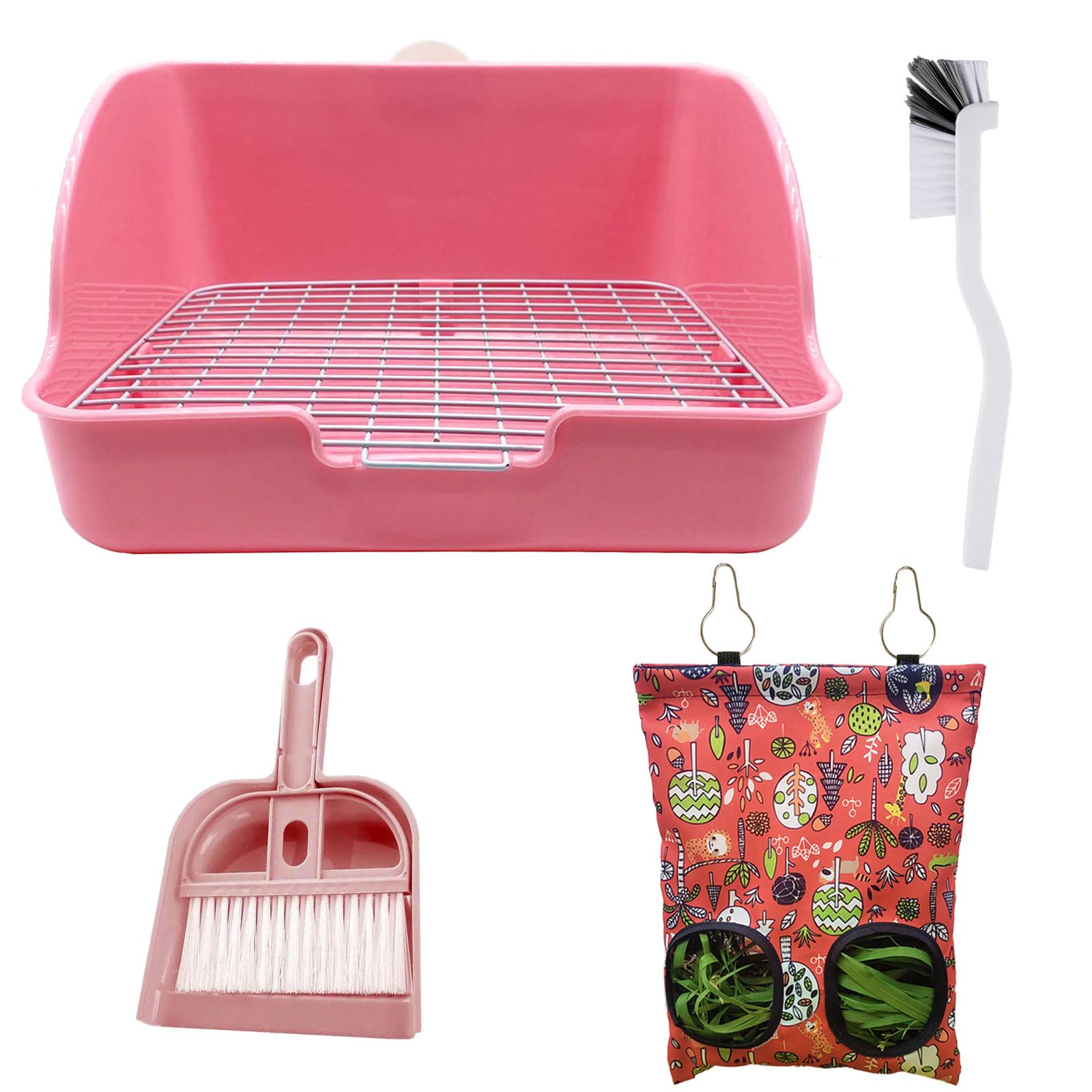 Rabbit Litter Box with Hay Bag, 4-in-1 Rabbit Potty Toilet Feeding Cleaning Set for Dwarf Bunny Guinea Pig Chinchilla (Pink)
