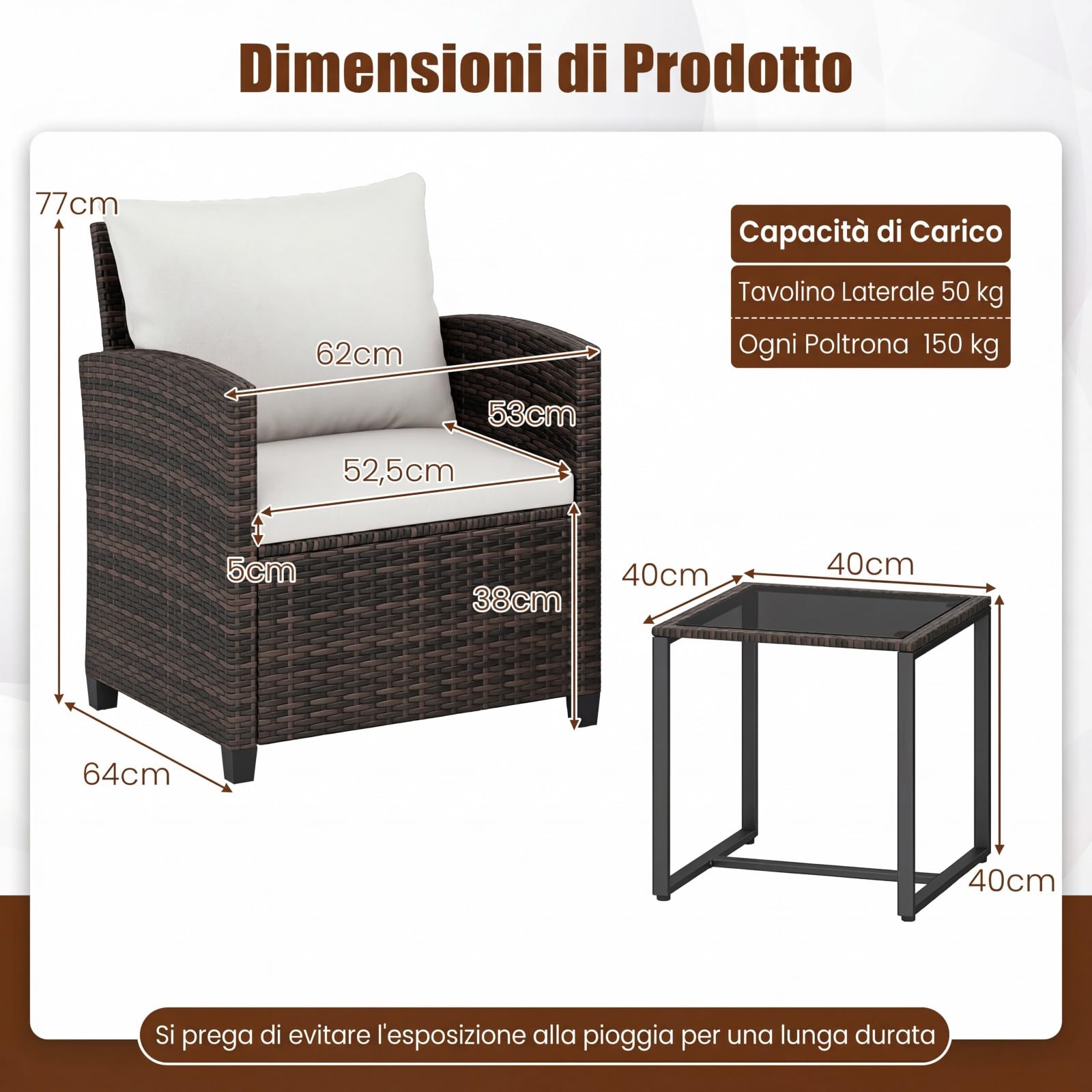 COSTWAY Set Mobili da Giardino 3 Pezzi, Salotto da Esterno in Rattan PE con Cuscini Sfoderabili, Tavolino in Vetro Temperato Beige