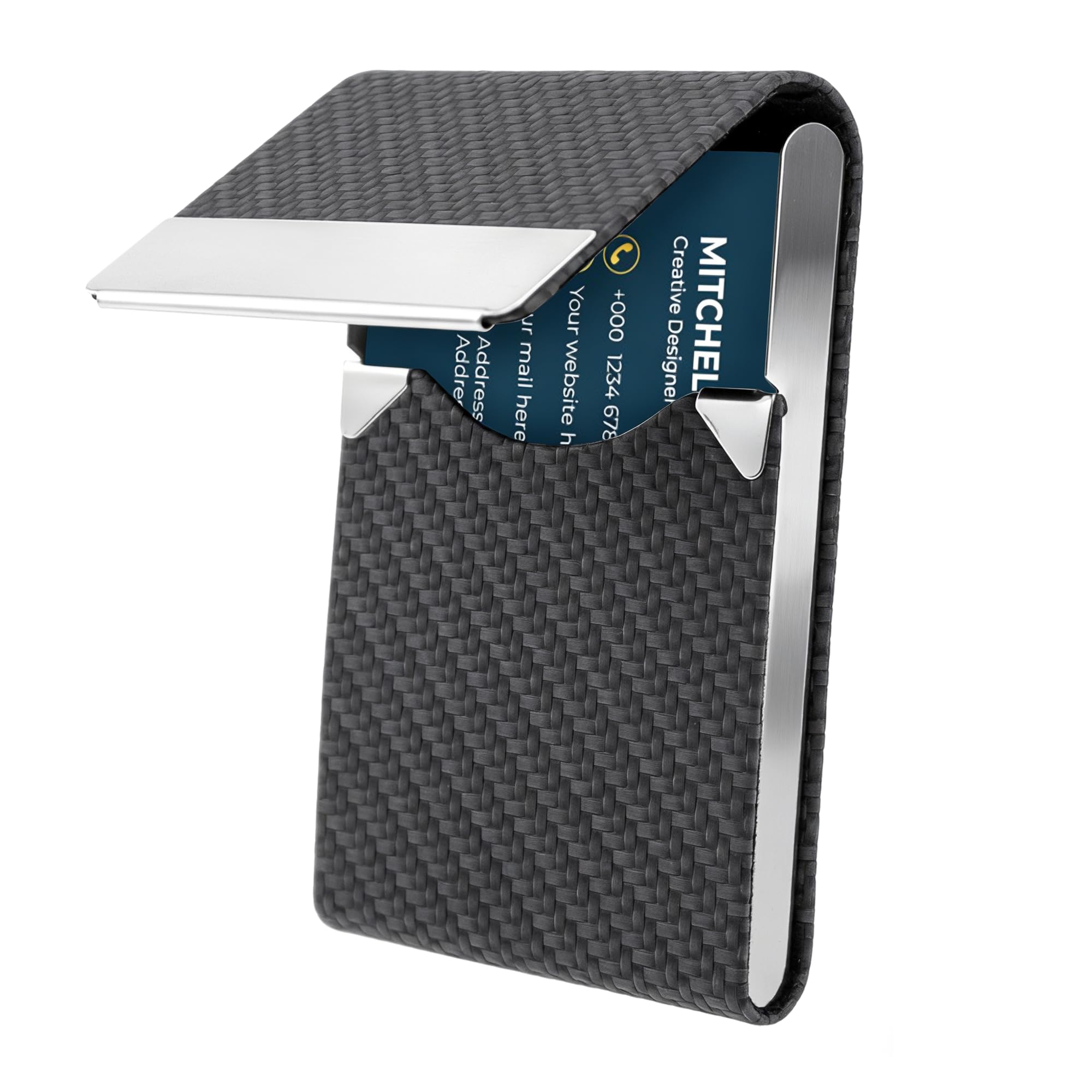 Business Card Holder, Weave Pattern Leather Name Card Holder Slim Metal Magnetic Flap Pocket Business Card Case for Women and Men-image-8