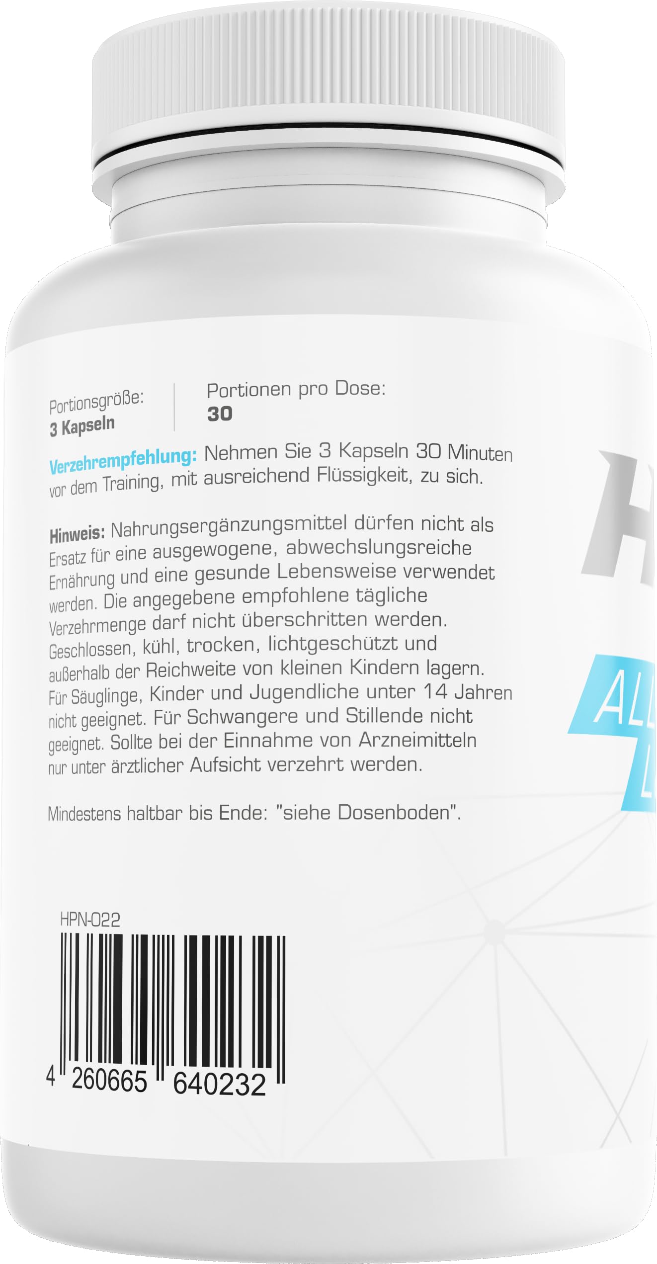 H.P.N - All Night Long | Pump-Booster mit L-Arginin Nitrat, Schwarzem Ingwer, Moosfarn & Grüntee zur Unterstützung von Muskelpump, Performance & Ausdauer - 90 Kapseln