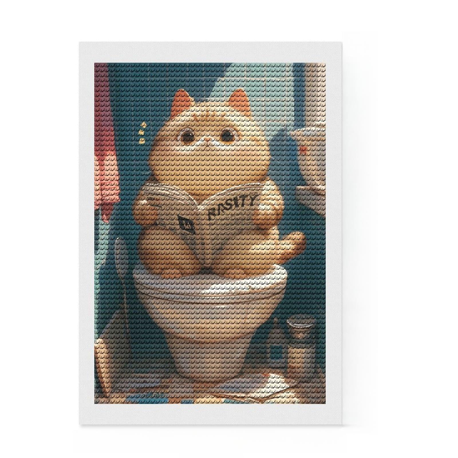 Junmoney Chubby Cat Toilet Reading 5D Diamond Painting Kit 8"x12", Vintage Style Decor, Boho Decor, Handmade Wall Decor, Artistic Hobby