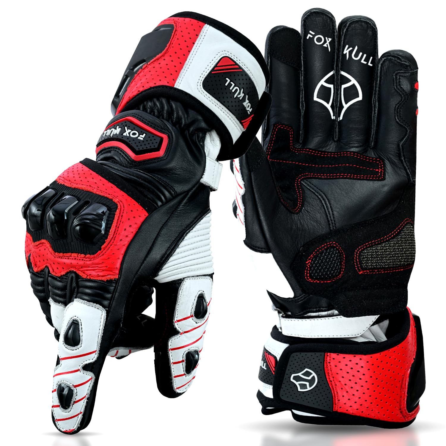 FOXKULL Touchscreen Motorcycle Full Finger Leather Gloves with Knuckle and Finger Protection for Men Women with Soft Padding and Heavy Grip