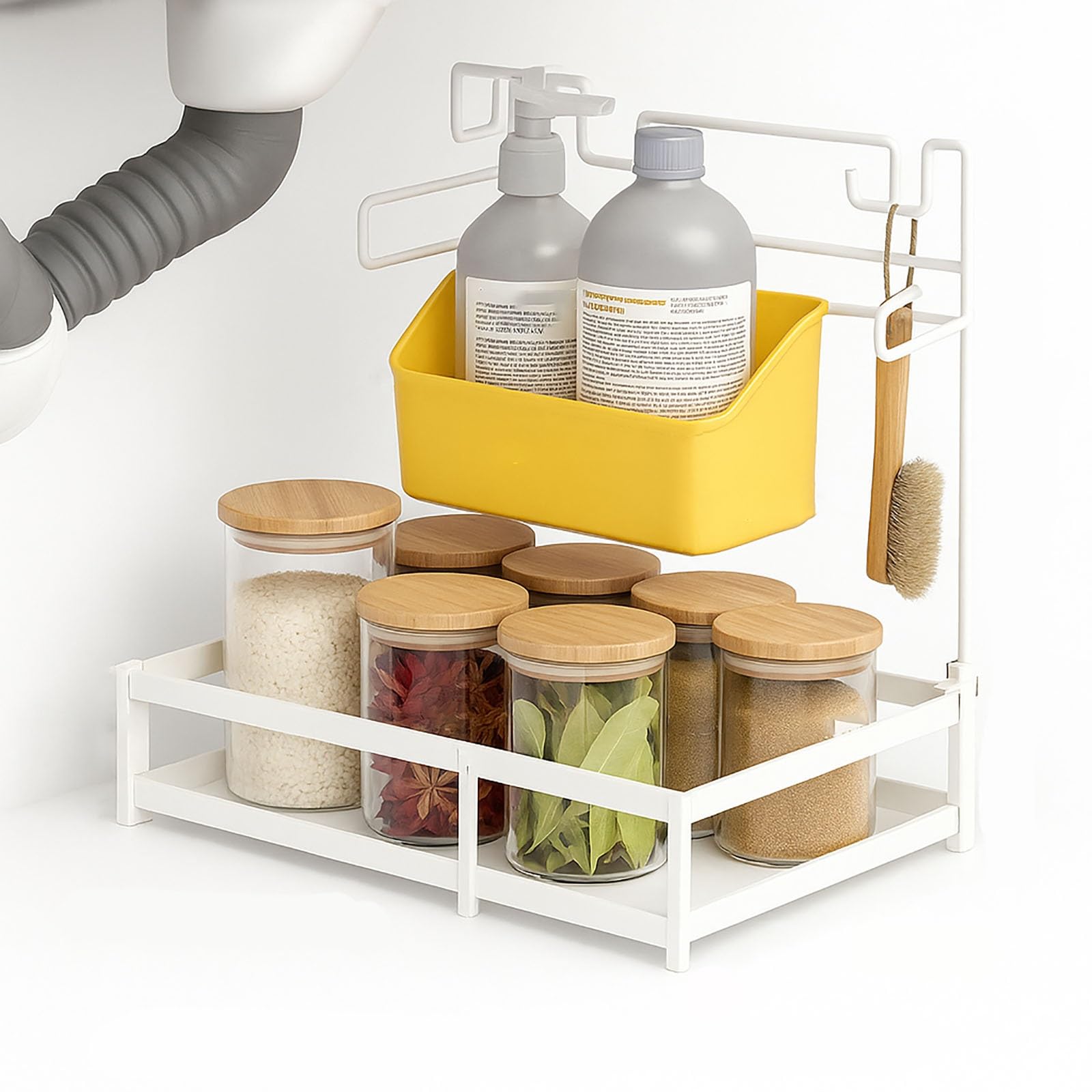 Spülschrank Organizer: 2-stufiger Auszug, Höhenverstellbarer Ausziehschrank-Organizer, Schubladen, Küche & Bad, Metall-Küchen Organizer(White)