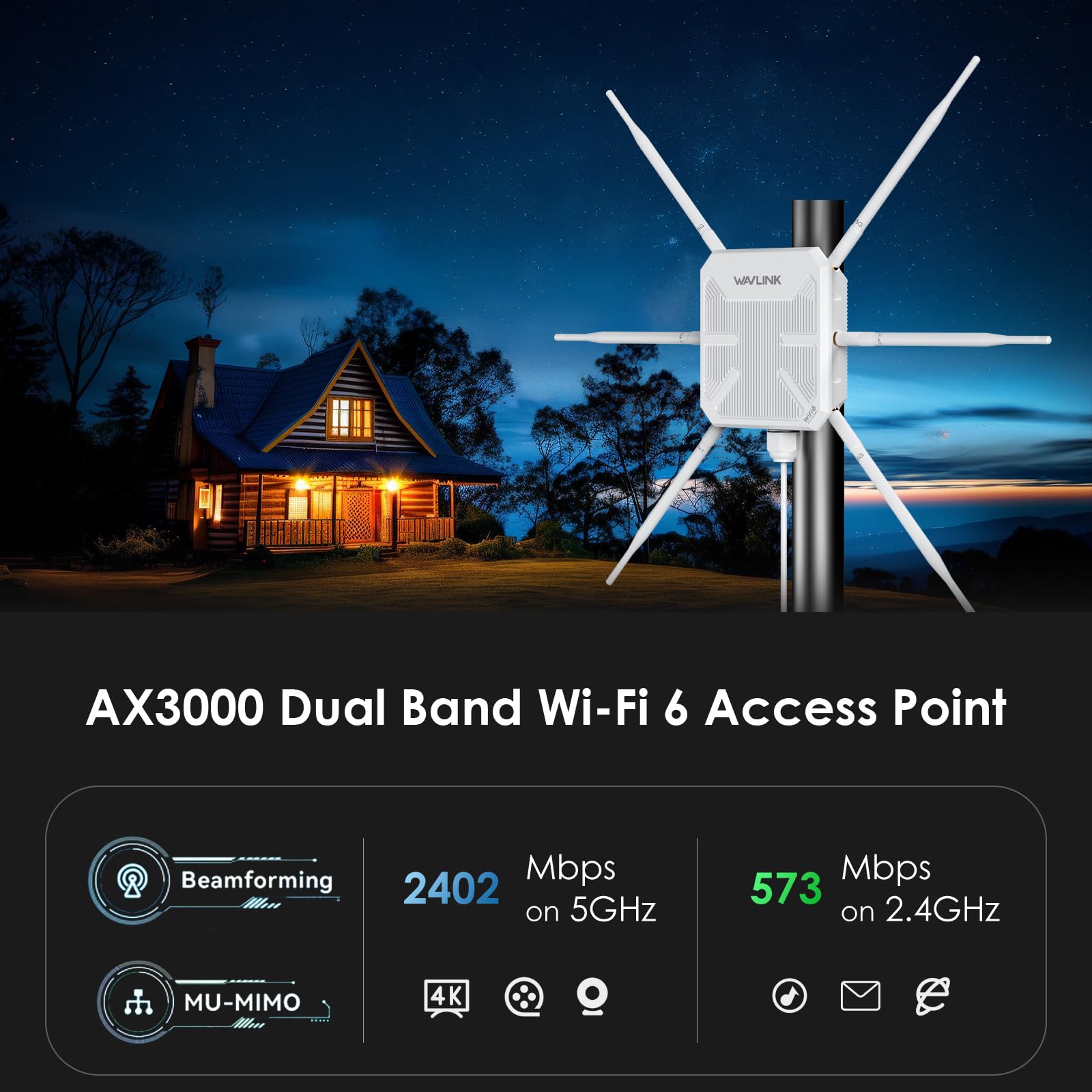 Répéteur WiFi Extérieur Wavlink AX3000 WiFi 6 Antenne 360° Longue Portée Mesh PoE IP67