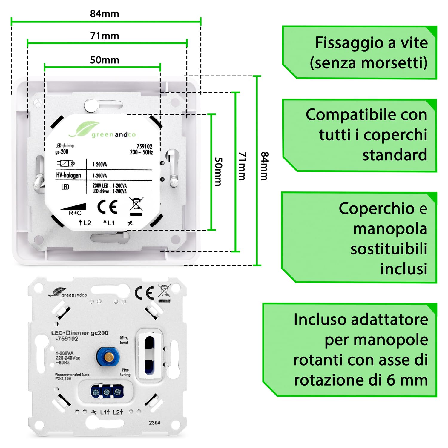2x greenandco® gc-200 dimmer da incasso a LED rotante da 1-200 W, adatto anche per lampadine convenzionali e circuiti con deviatore, bianco