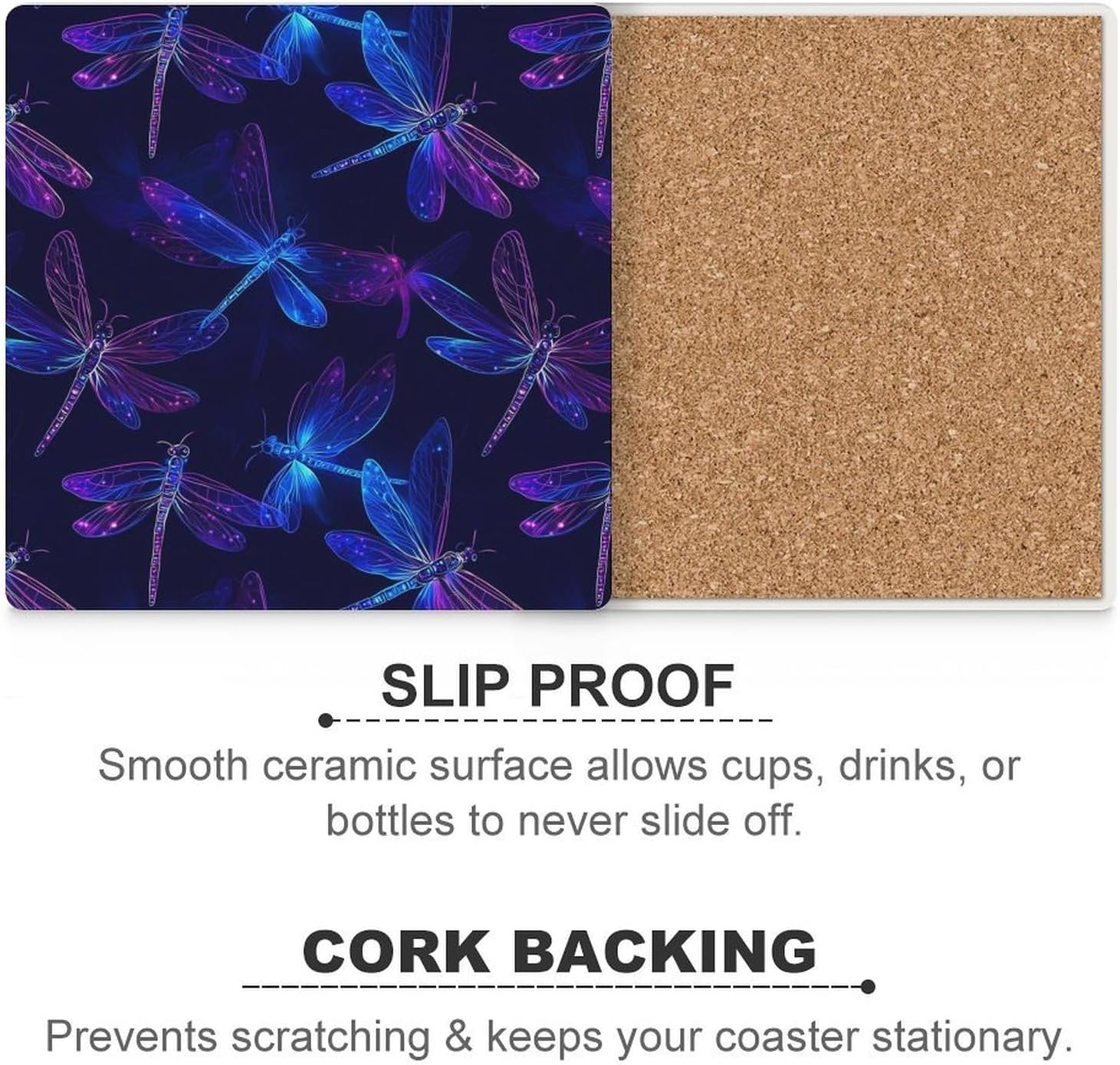 Dragonfly Funny Ceramic Coasters for Drinks Absorbent Cup Holder Tabletop Protector with Cork Base
