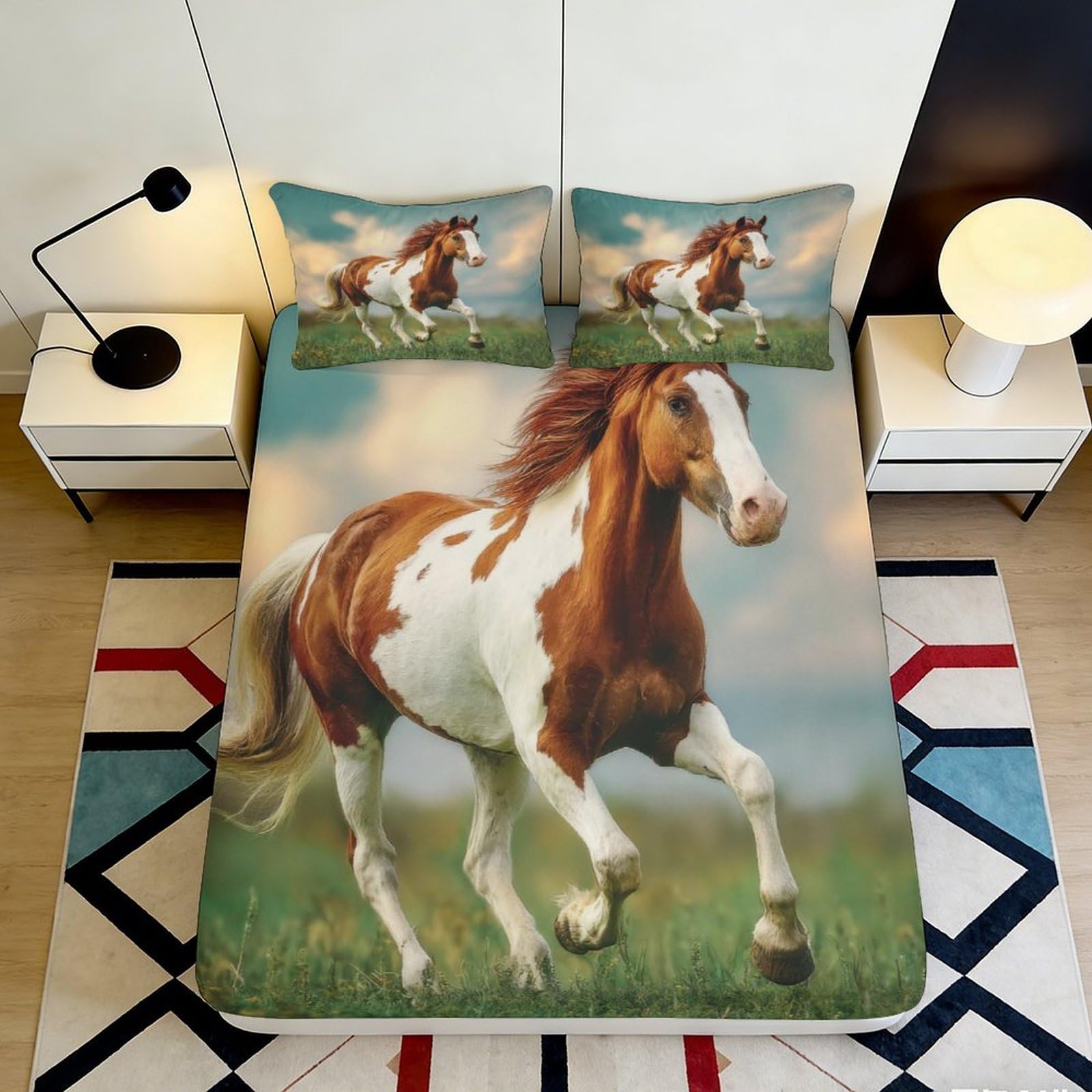 3D Printed Galloping Horse Fitted Sheet Microfiber Soft Brown White Pasture Bed Cover for Bedroom Guest Room Mattress Protection 90x200x25cm
