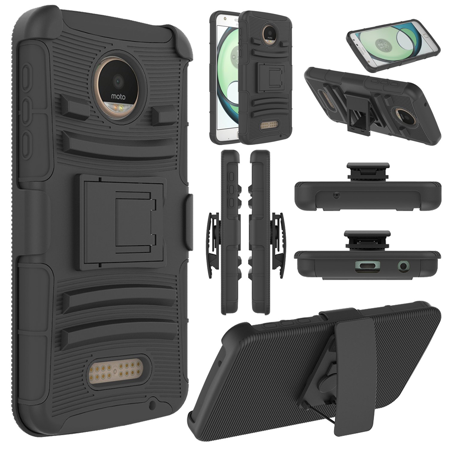Moto Z Play Case, Moto Z Play Holster Case, Heavy Duty Dual Layer Full Body Protective Kickstand Case Cover with Belt Clip Holster Case for Moto Z Play Droid (Black)