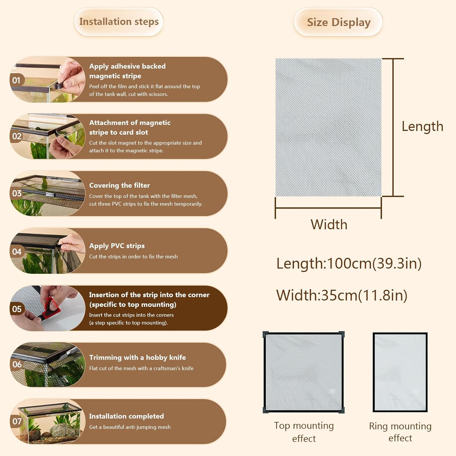 Fish Tank Cover Mesh Aquarium Lid Fish Tank Anti-Jumping Net Thickened Net, Length 100cm,Width:35cm