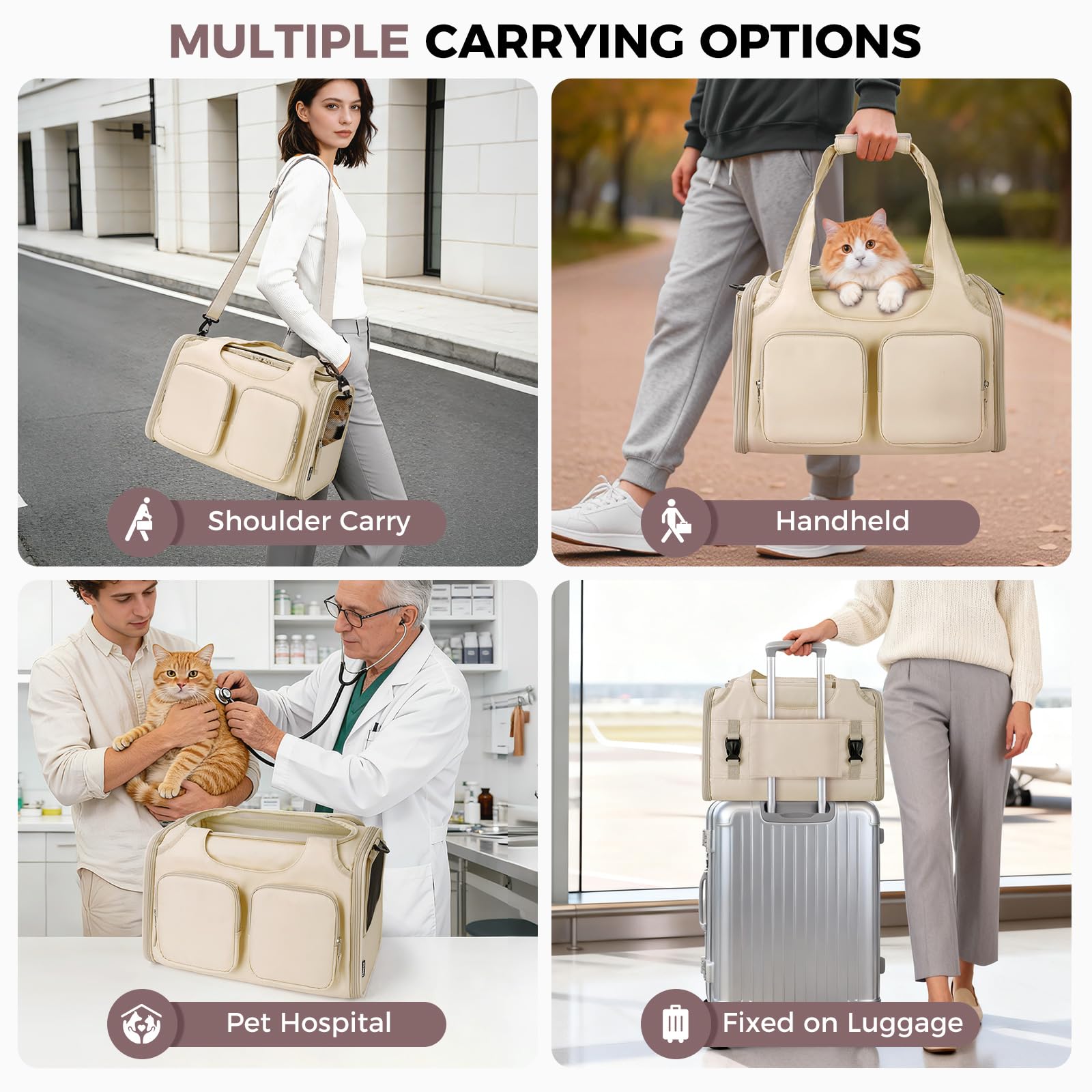 Dog, Cat Carrier for Pets Up to 15 Lbs, Airline Approved Collapsible Soft-Sided Pet Travel Bag with Locking Zippers, Breathable Mesh and 4 Large Pockets, Removable Fleece Pad (Beige) - image 6