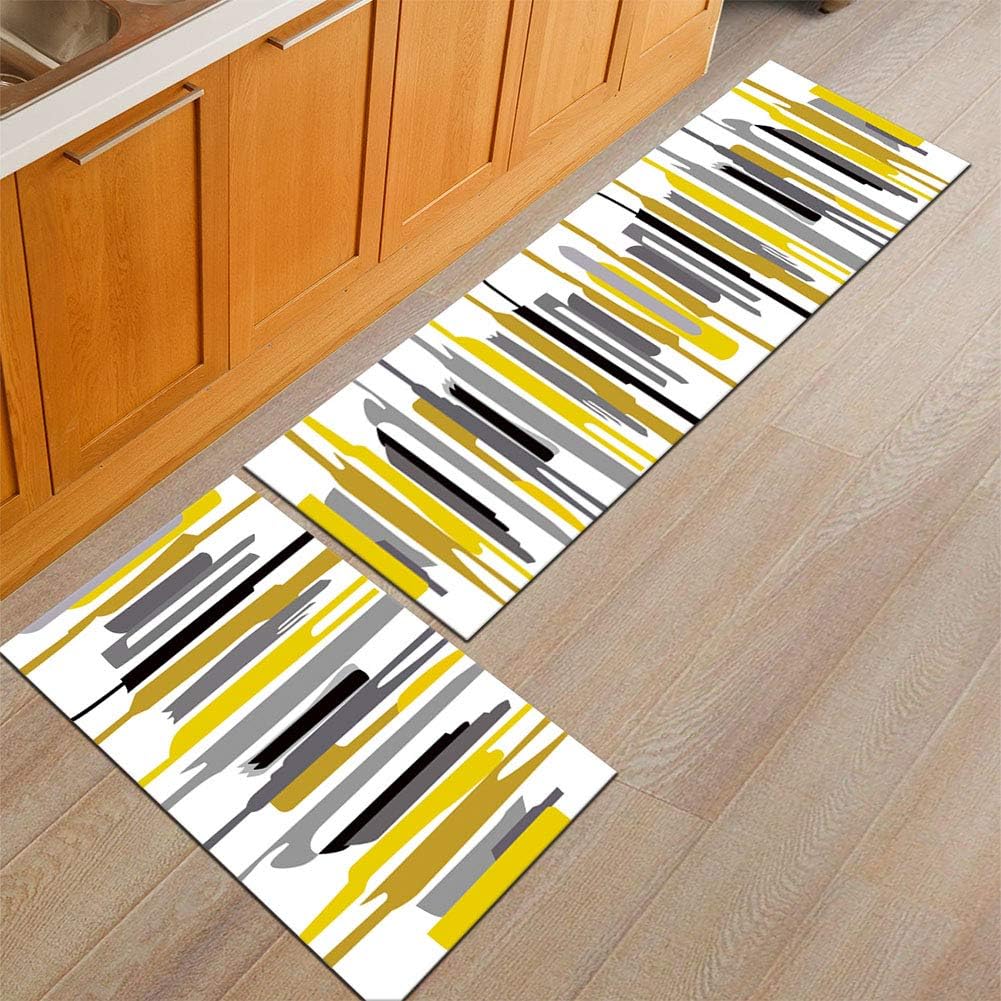 Kitchen Mat Runner Rug Set Geometric mat, 2 Pieces Microfiber Chevron Non-Slip Soft Kitchen Mat Bath Area Rug Doormat Runner Carpet Set for Hallway Door Kitchen(Yellow and white strips)