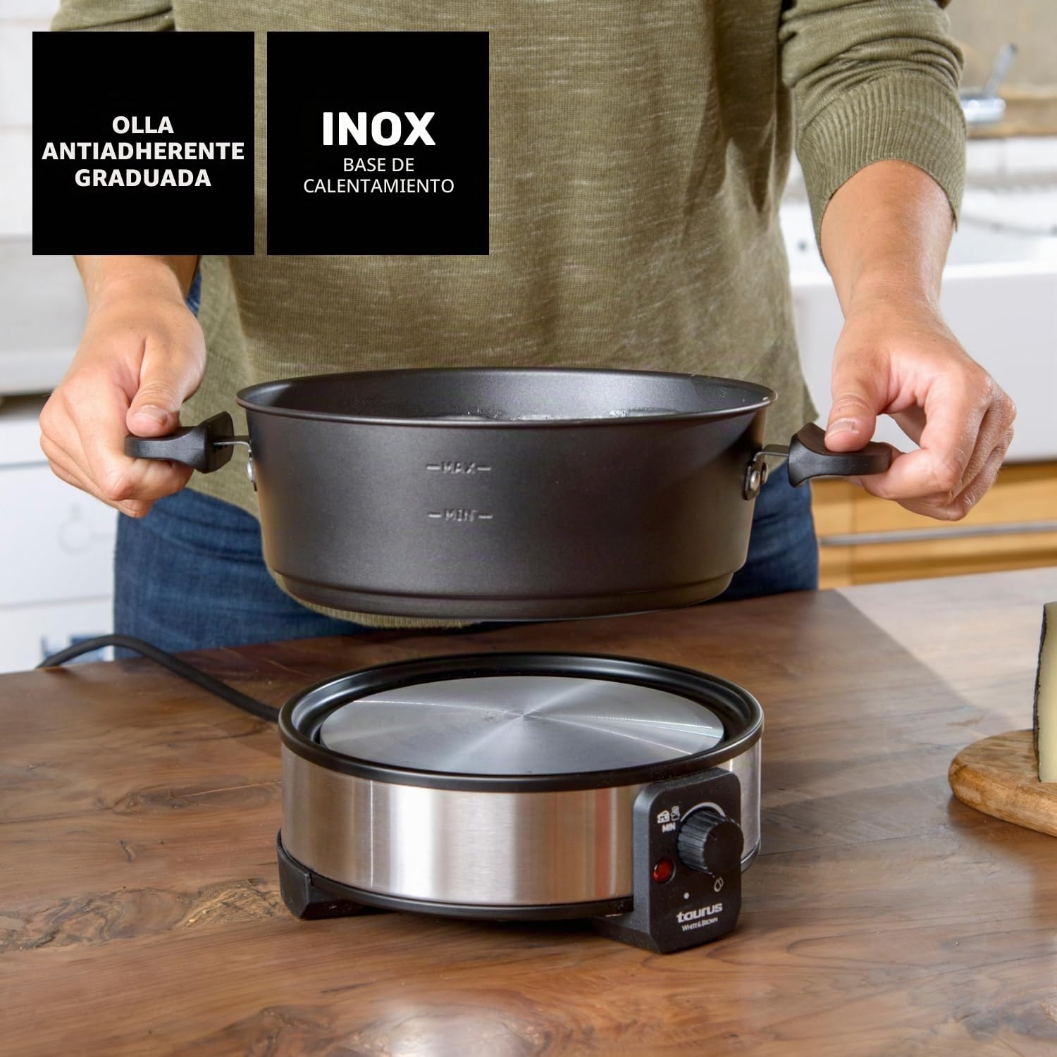 Taurus – Fondue Eléctrica FF2, 1000W, 2L, 8 Personas, Termostato Regulable 200ºC, Olla Antiadherente, Sin PFOA, Chocolate, Queso, Caldo y Aceite, 8 Tenedores, Asa Transporte, Lavavajillas, Negro