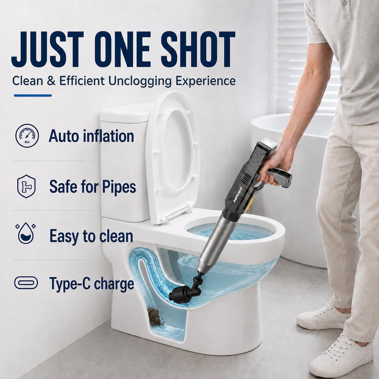 Sturalavandini Elettrico ad Aria Compressa, Stura Scarichi Professionale 1-8 BAR, Pompa a Pressione per WC, Lavandino, Doccia e Tubature, con Testa Antischiasso 120° - Nero Inchiostro