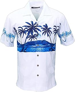 Men's Hawaiian Aloha Tropical Luau Beach Palm Tree Print (Medium, White)