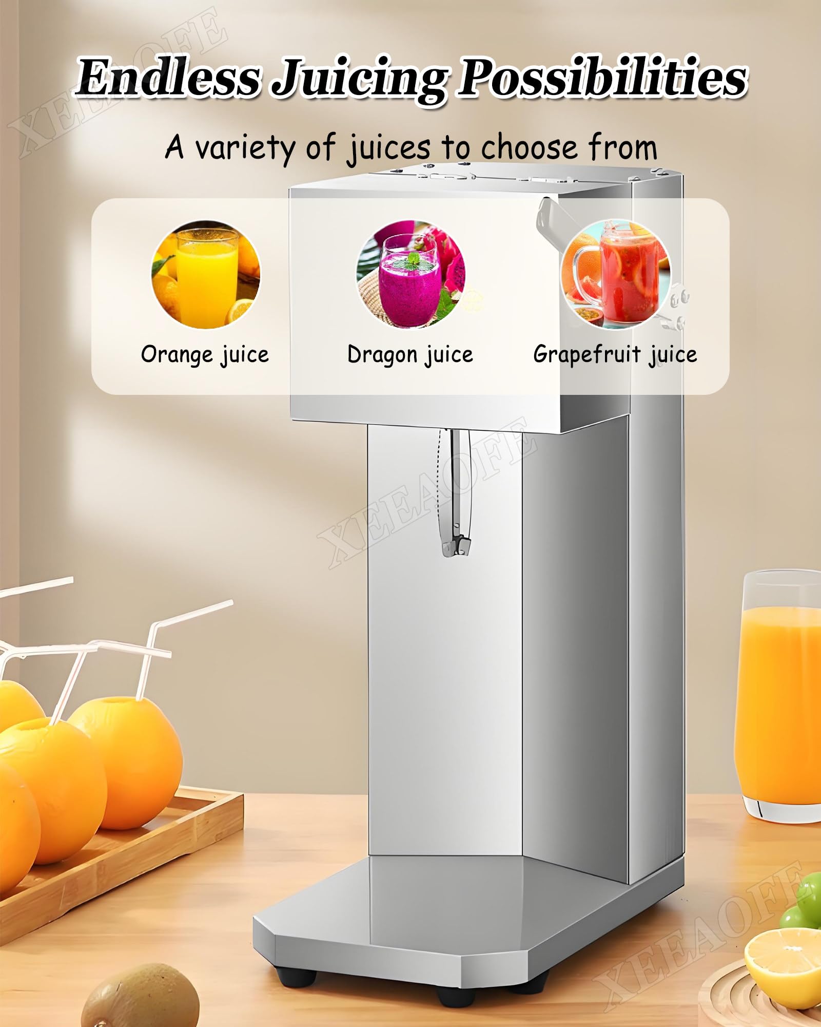 Exprimidor de Naranja Comercial Automático 200W, Exprimidor de Naranja Acero Inoxidable 18000 RPM, con 3 Cabezales de Cuchillas, Exprimidor de Cítricos Eléctrico Carcasa Acero Inoxidable