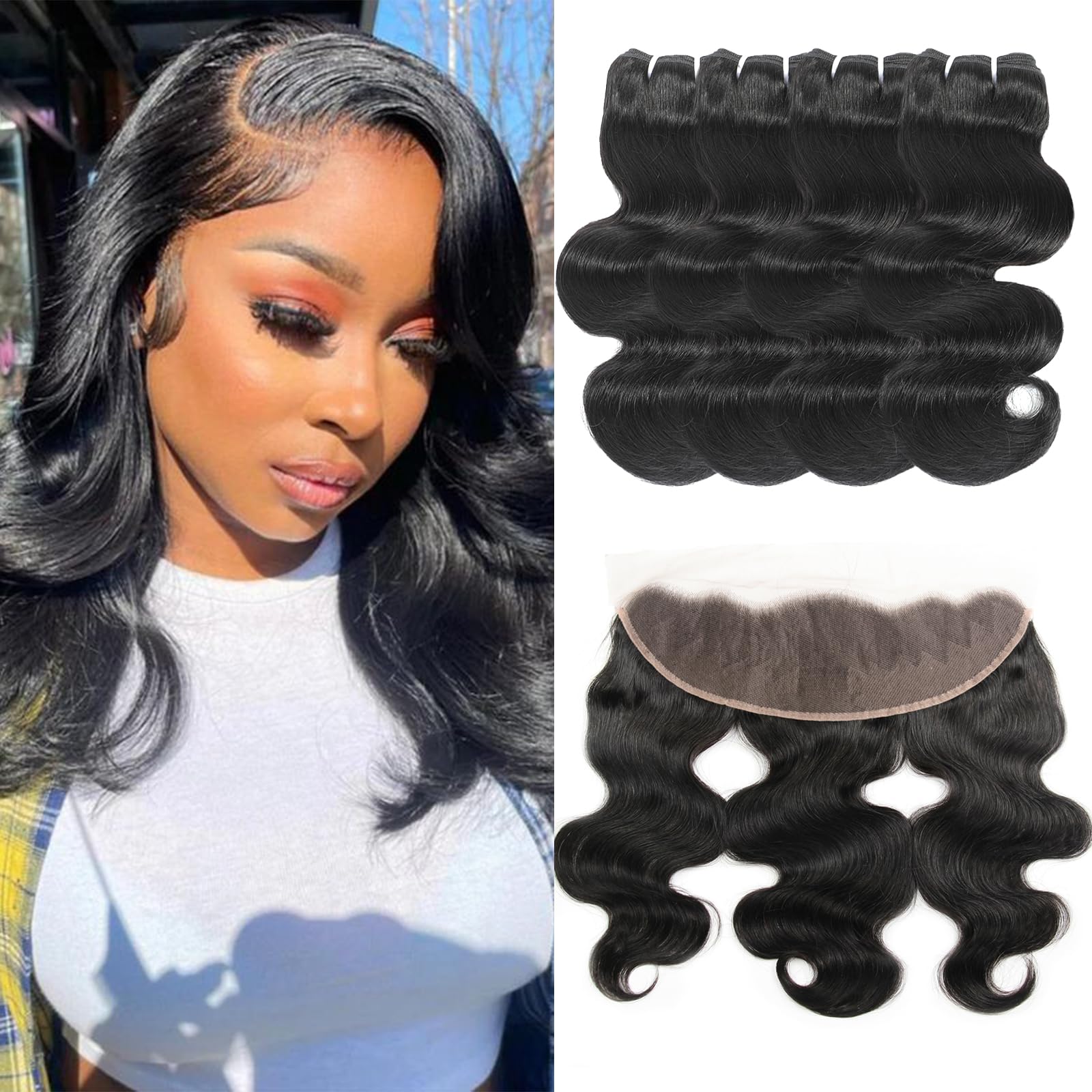 HVN-KVVM Human Hair Bundles with Frontal (14 14 16 16+14Frontal) 12A Body Wave Bundles with Frontal 13x4 HD Lace Frontal Brazilian Virgin Hair 4 Bundles with Frontal 150% Density Natural Color