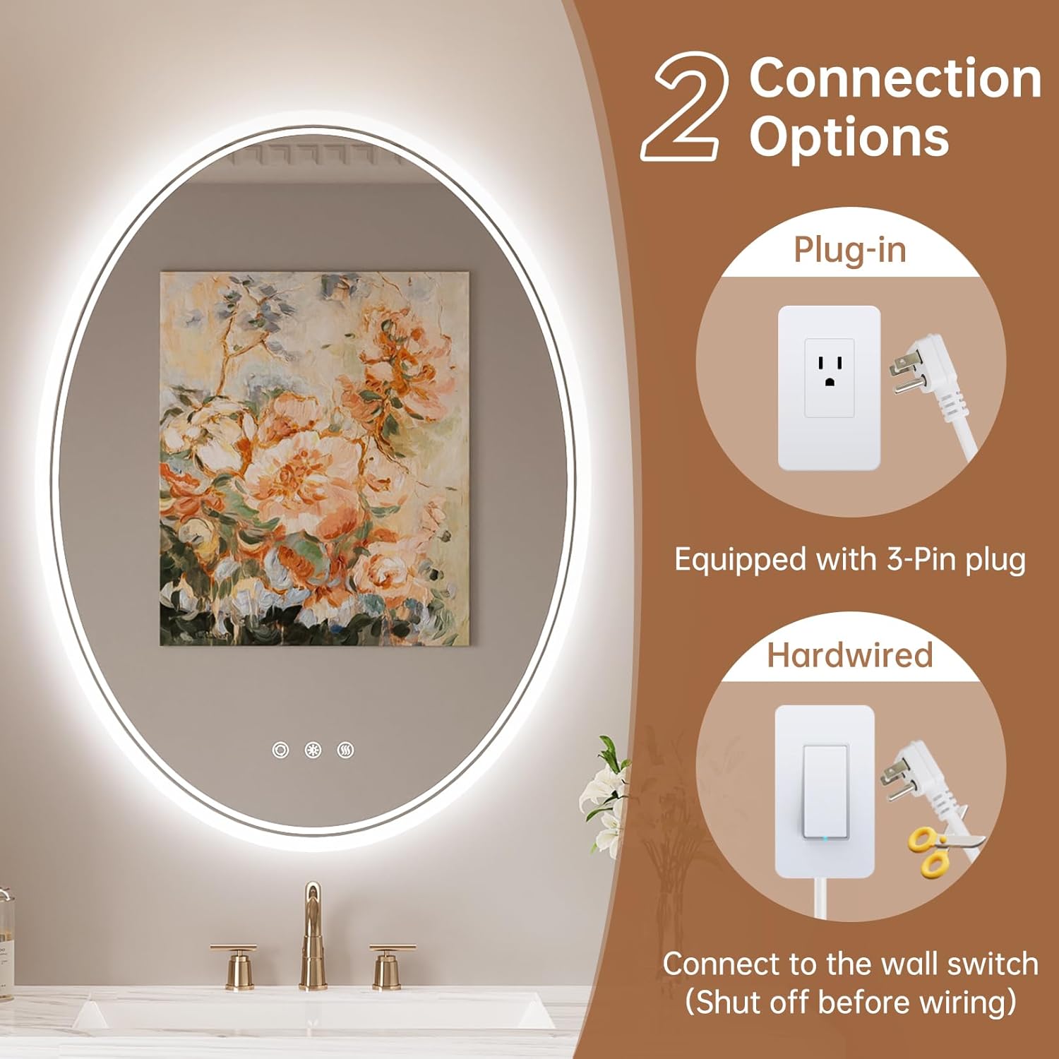 LED Bathroom Mirror with Lights 24 x 32'', Oval Led Mirror for Bathroom, Fogless, Dimmable, 3 Colors Changing, IP54, Shatterproof