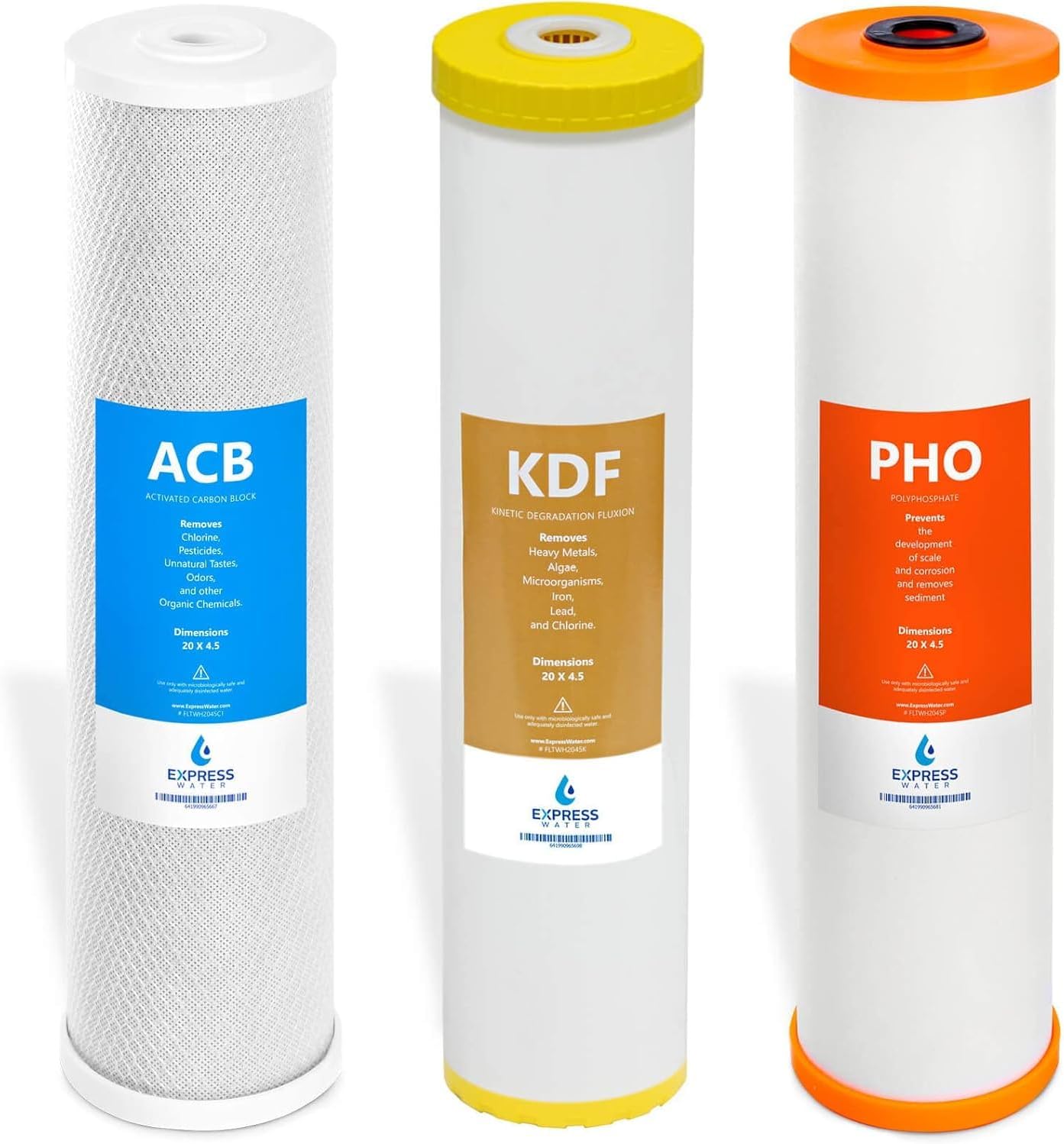 Express Water Whole House Replacement Filter Set, 3 Pack, Carbon Block, KDF, Polyphosphate for Heavy Metal and Anti Scale, Compatible with WH300SCKP, 4.5" × 20" Standard Water Filter Cartridges