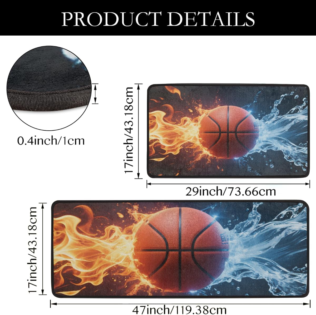 Anti Fatigue Water Fire Fiery Basketball Kitchen Mats for Floor 2 Piece Set, Waterproof Non Slip Boho Kitchen Floor Rugs, Comfort Standing Mat for Sink Laundry & Home Kitchen 17"x47"+17"x29"