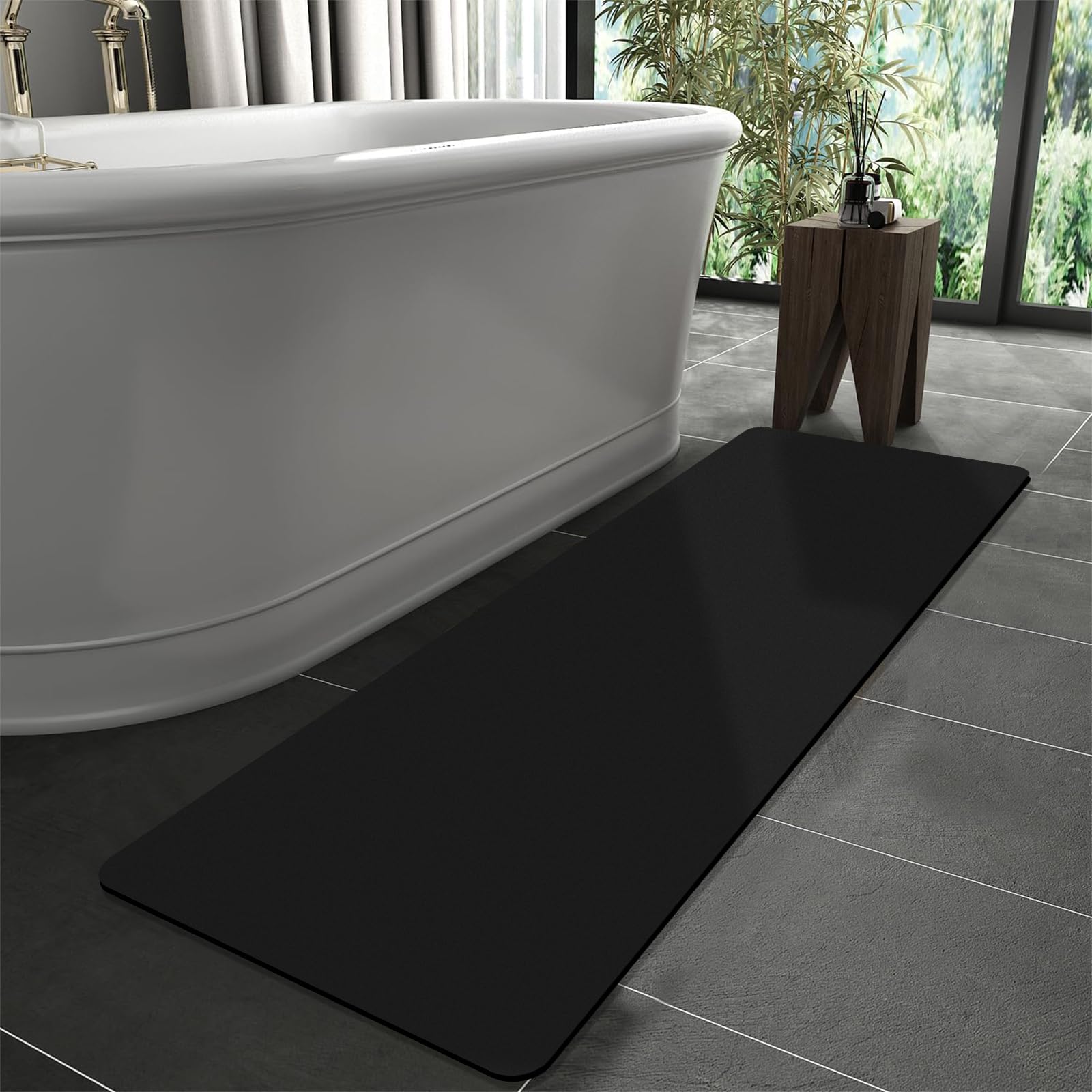 GHFSDO Diatomaceous Earth Bath mat Super Absorbent Extra Long Bathtub mat Fast Drying Non-Slip Shower Mat Bath Stone Mat Thin Bathroom Floor Mat, Machine Washable, Rectangle?15.7''x47.2'', Black