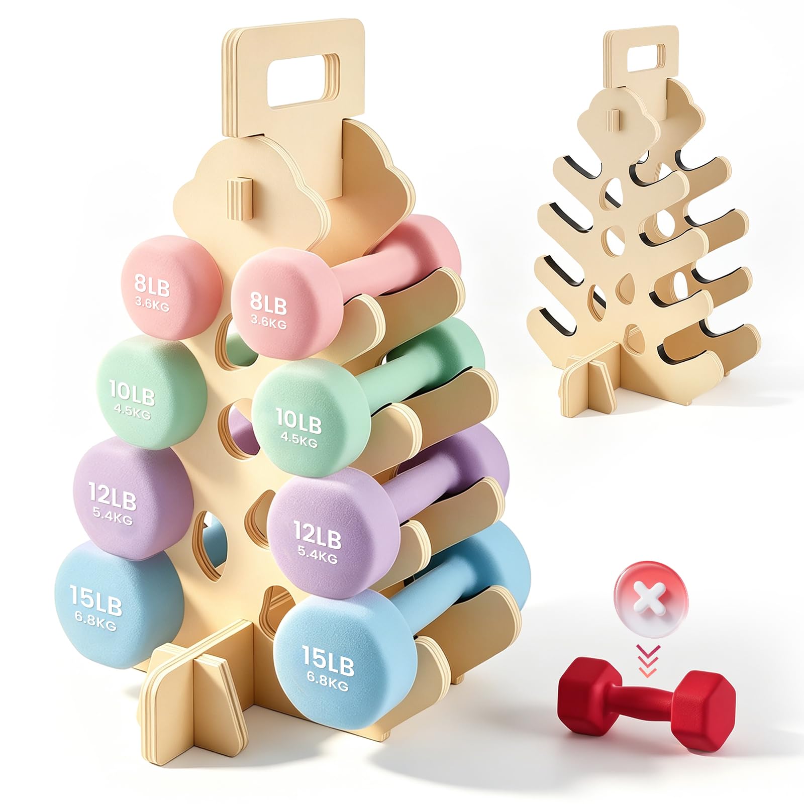 Hantelständer aus Holz, 4-stufiges Hantelregal für Neopren- & Vinyl-Hanteln, platzsparender Kurzhantelständer für Heimtrainingsraum und Home Gym, belastbar bis ca. 41 kg, mit Antirutsch-Ablage