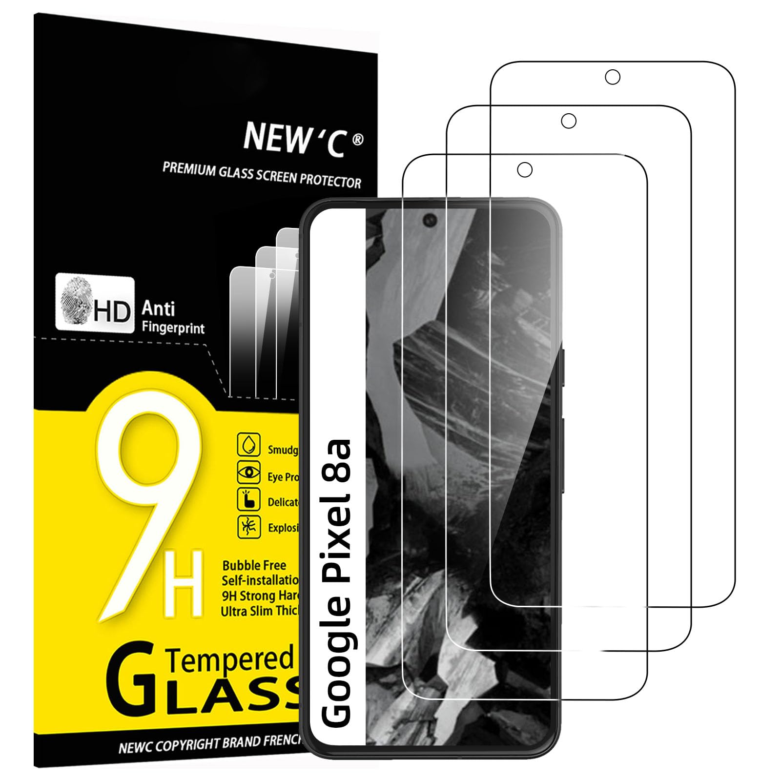 NEW'C 3 Pcs Glass Film Tempered Glass Screen Protector for Google Pixel 8A No Float, Super Durable 9H Hardness, Bubble Free