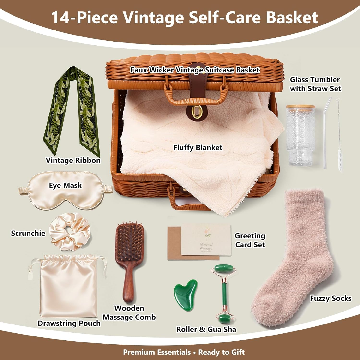 14-Piece Vintage Self-Care Gift Basket for Women – Relaxing Spa Care Package with Blanket, Socks, Glass Tumbler & Accessories, Ready-to-Gift - Image 2