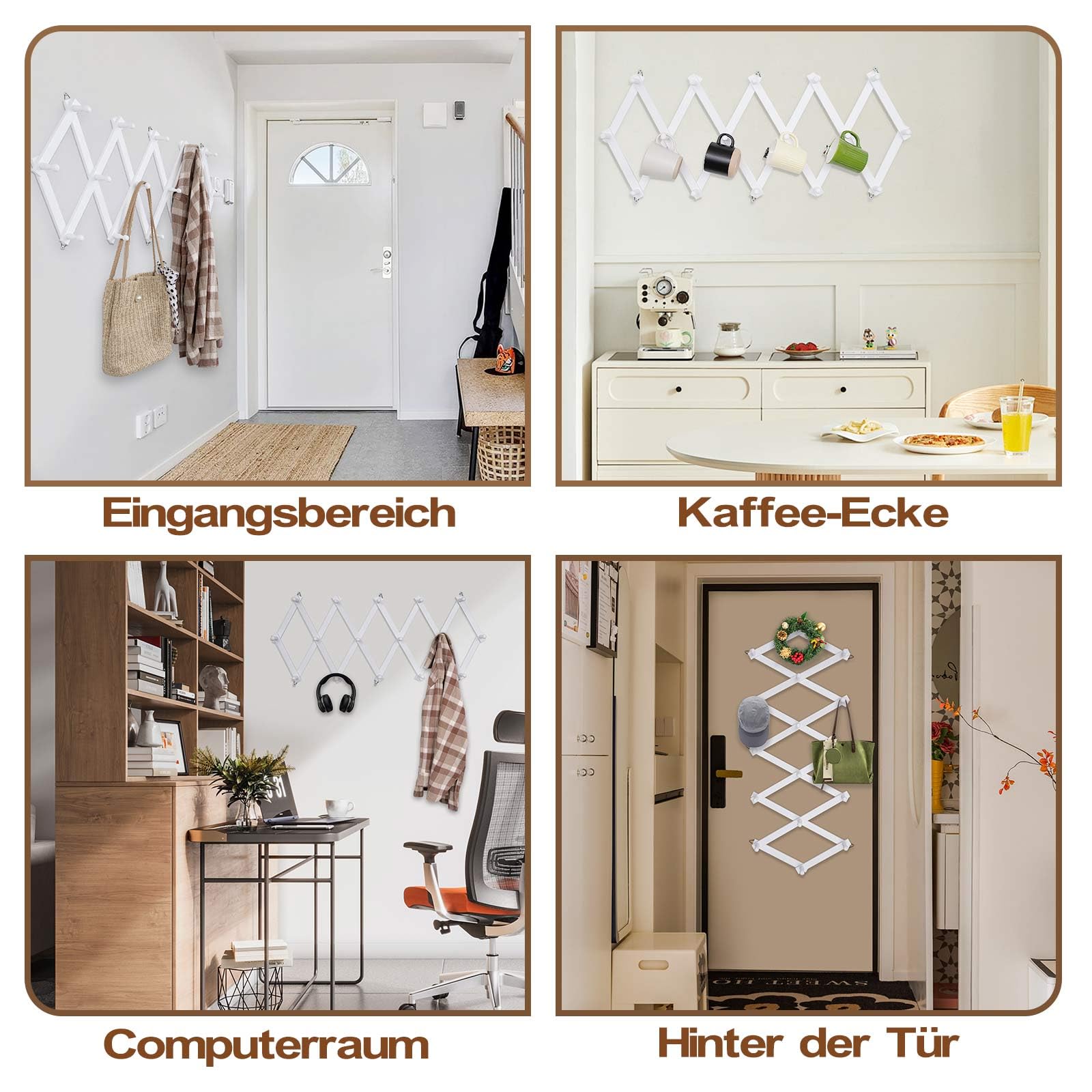 Qiannhee Wandgarderobe aus Massivholz, Verstellbare Garderobenleiste 80-100cm mit 16 Haken, Für Wohnzimmer & Flur（Weiß）