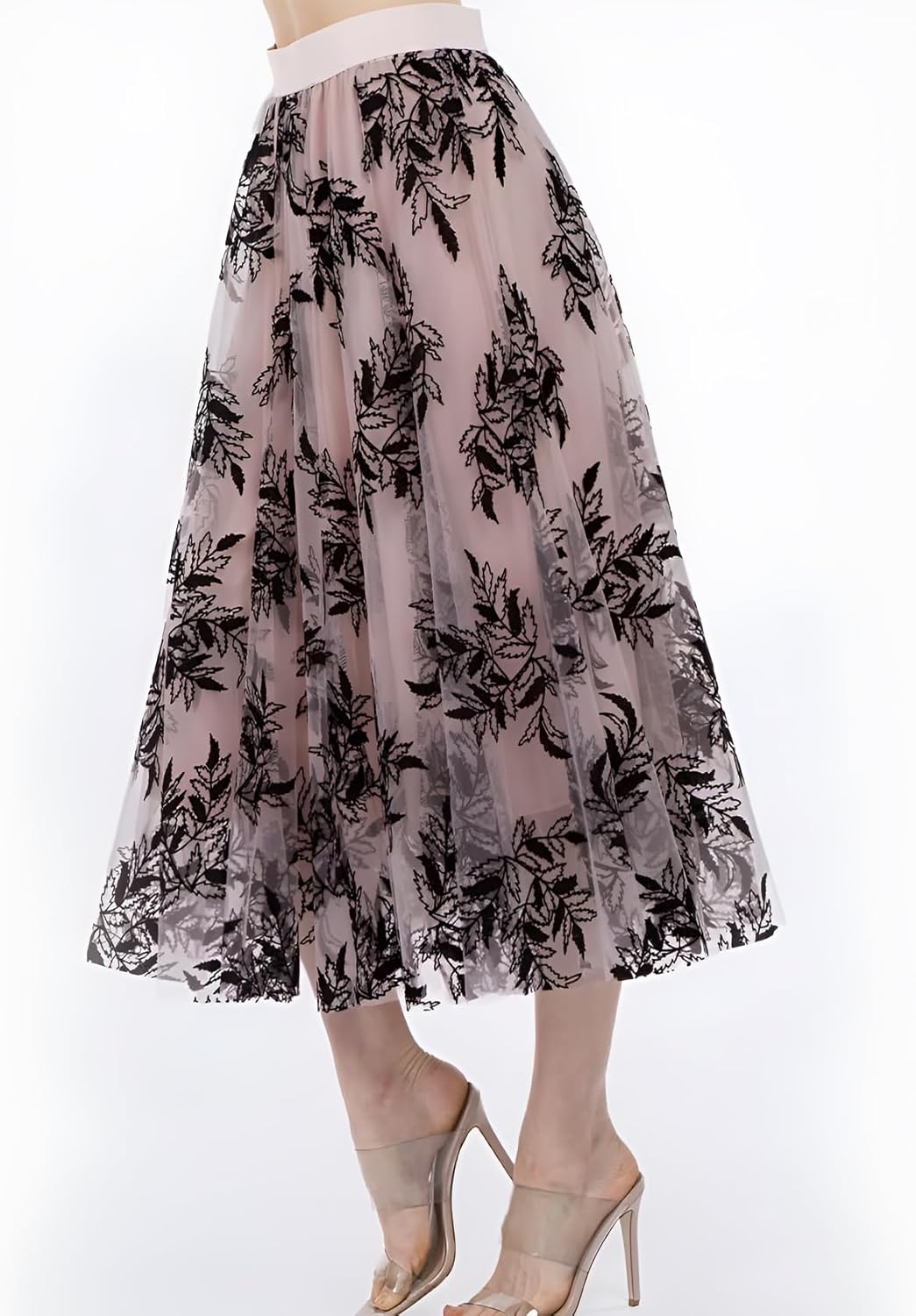 Flygo Women's Midi Long Tulle Skirts Dressy Casual Elegant A-Line Elastic Waist Foliage Embroidery Mesh Skirt - Image 2