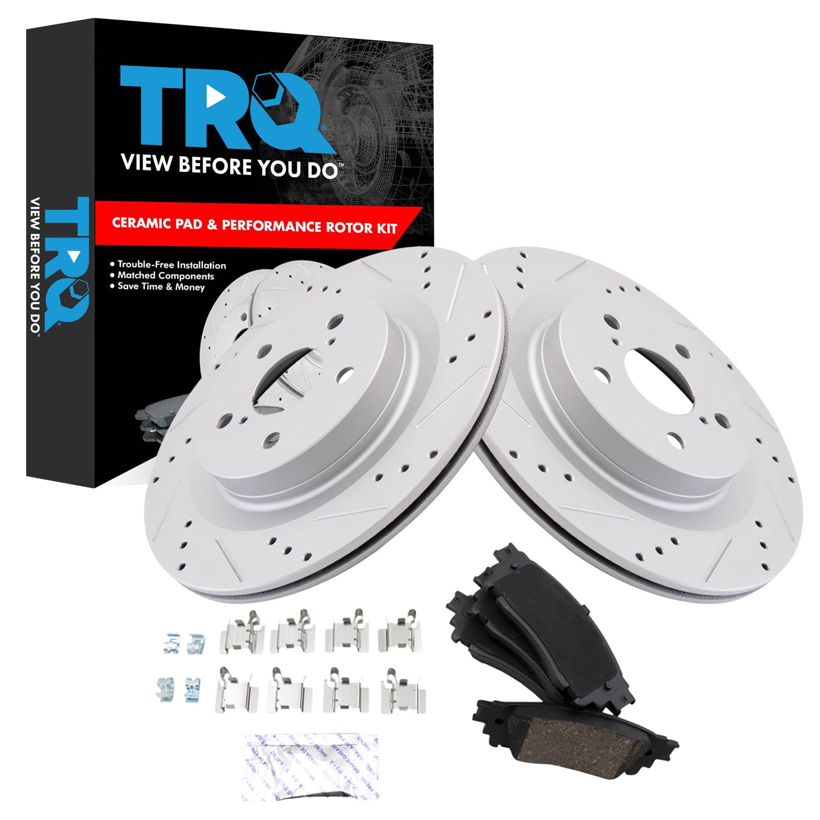 TRQ Performance Rear Brake Pad and Rotor Set Ceramic G Coated Slotted Drilled Compatible with 2022 Lexus NX250 NX350 NX350h