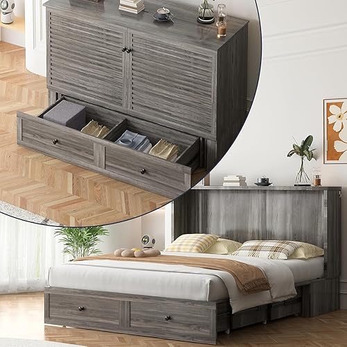 ijuicy Cama Murphy de tamaño Queen con colchón, cama moderna con estación de carga y cajón de almacenamiento, armario de dormitorio (gris)