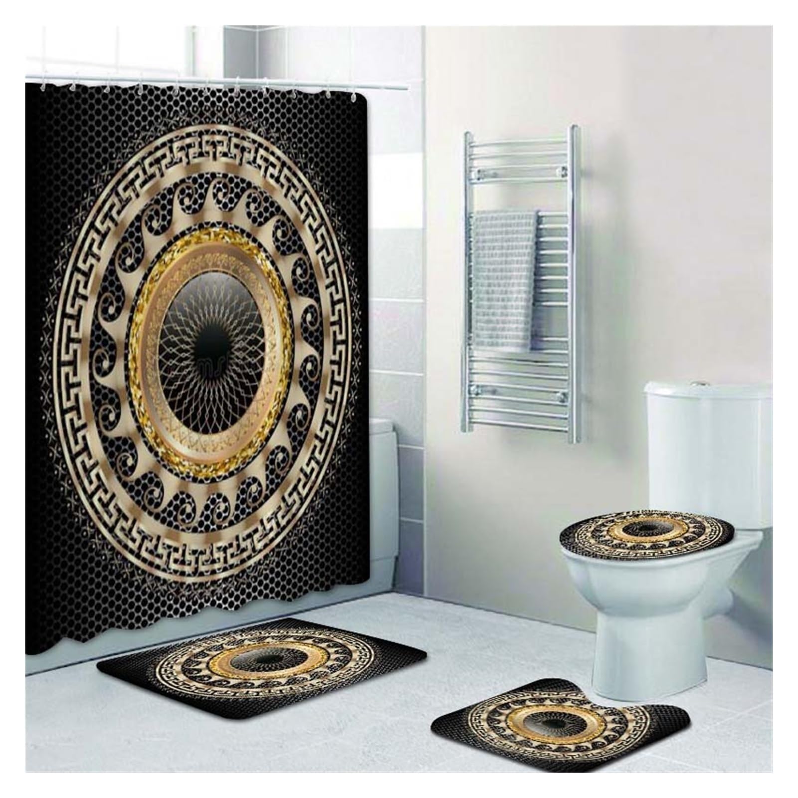 GSJNHY Pattern Shower Curtain and Rug Set Abstract Geometric Bathroom Mats Rugs Toilet Decor Mat (Color : YLQ3046-4PCS Set1)