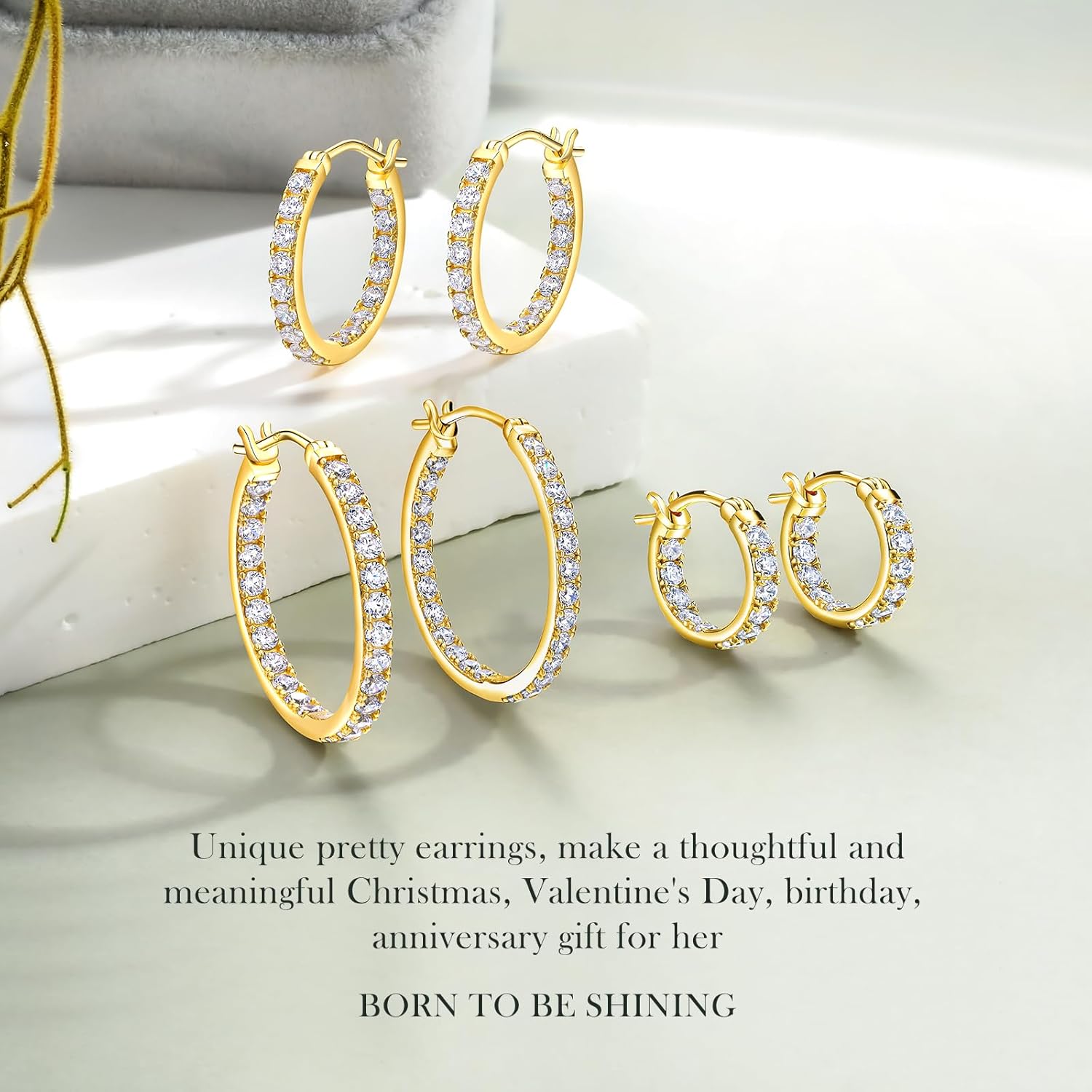 Yellow Gold Plated/925 Sterling Silver Sparkle Cubic Zirconia Hoop Earrings for Women fit Sensitive Ears 14mm/20mm/26mm Huggie/Medium/Large Hoops(with Gift Box) - Image 7