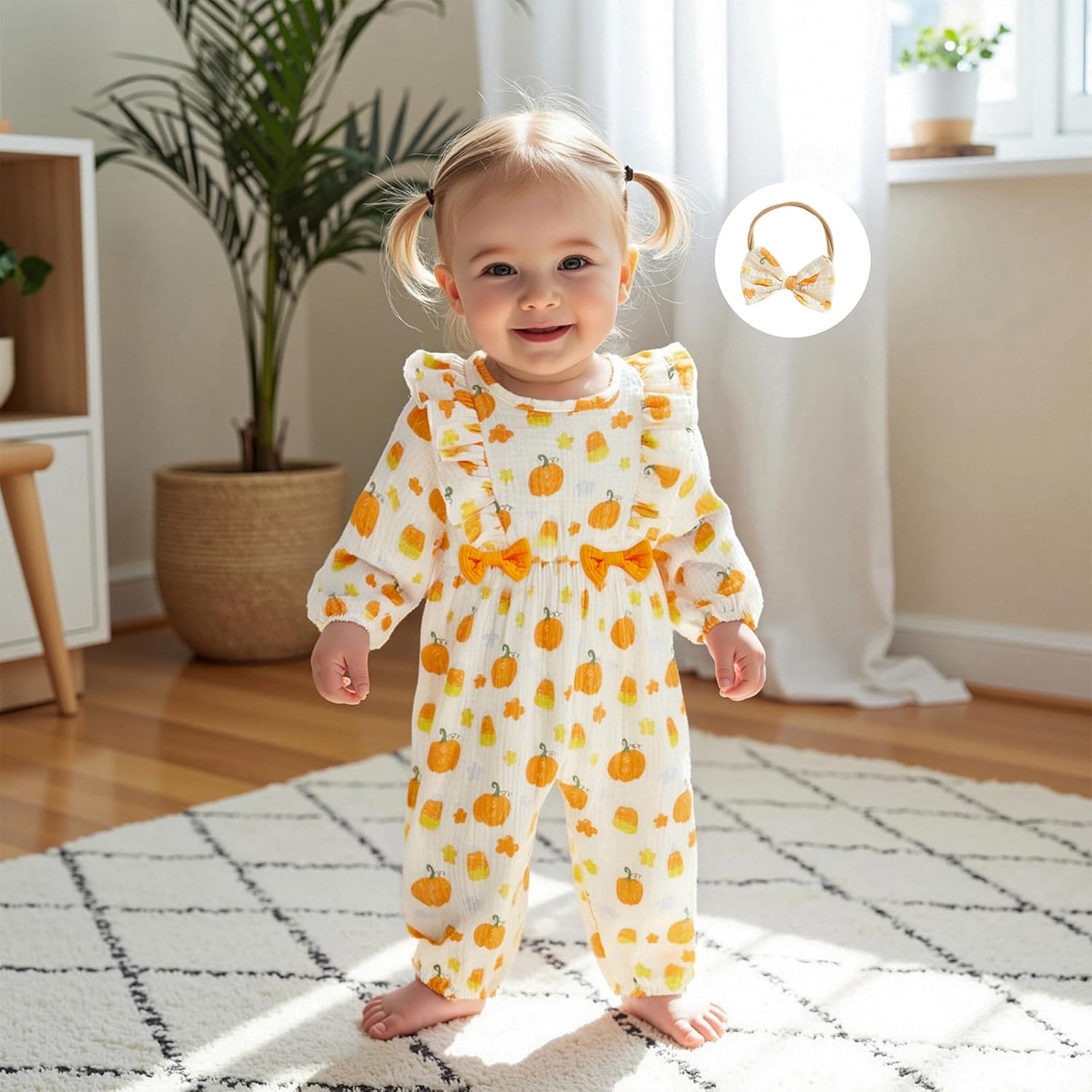 Infant Baby Girl Halloween Outfit Cotton Linen Pumpkin Bubble Jumpsuit Romper Ruffle Sleeve Long Overalls with Bow - Image 5