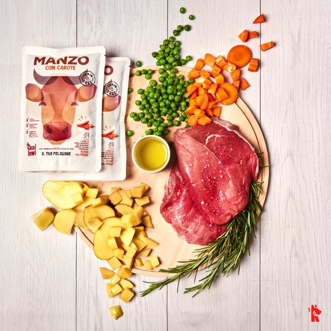 Cibo per cani al manzo naturale, 14 buste x 700g, monoproteico e senza cereali e conservanti, pappa fresca casalinga, Made in Italy, adatto a tutte le razze e taglie